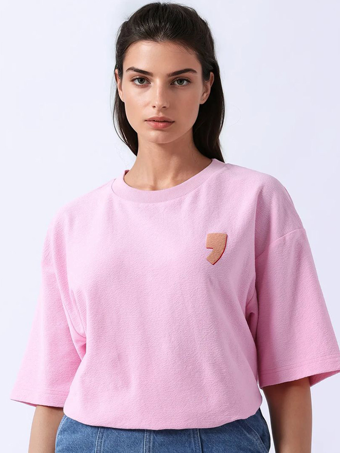 RAREISM Ransa Women Cotton Applique Oversized T-shirt