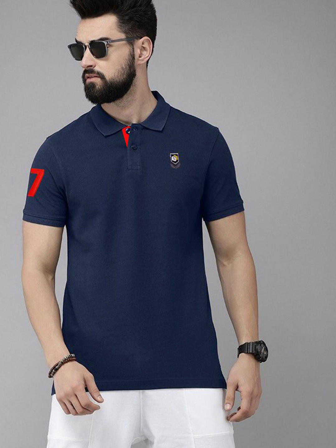Bishop Cotton Polo Collar Cotton Applique T-shirt With Chest Embroidery