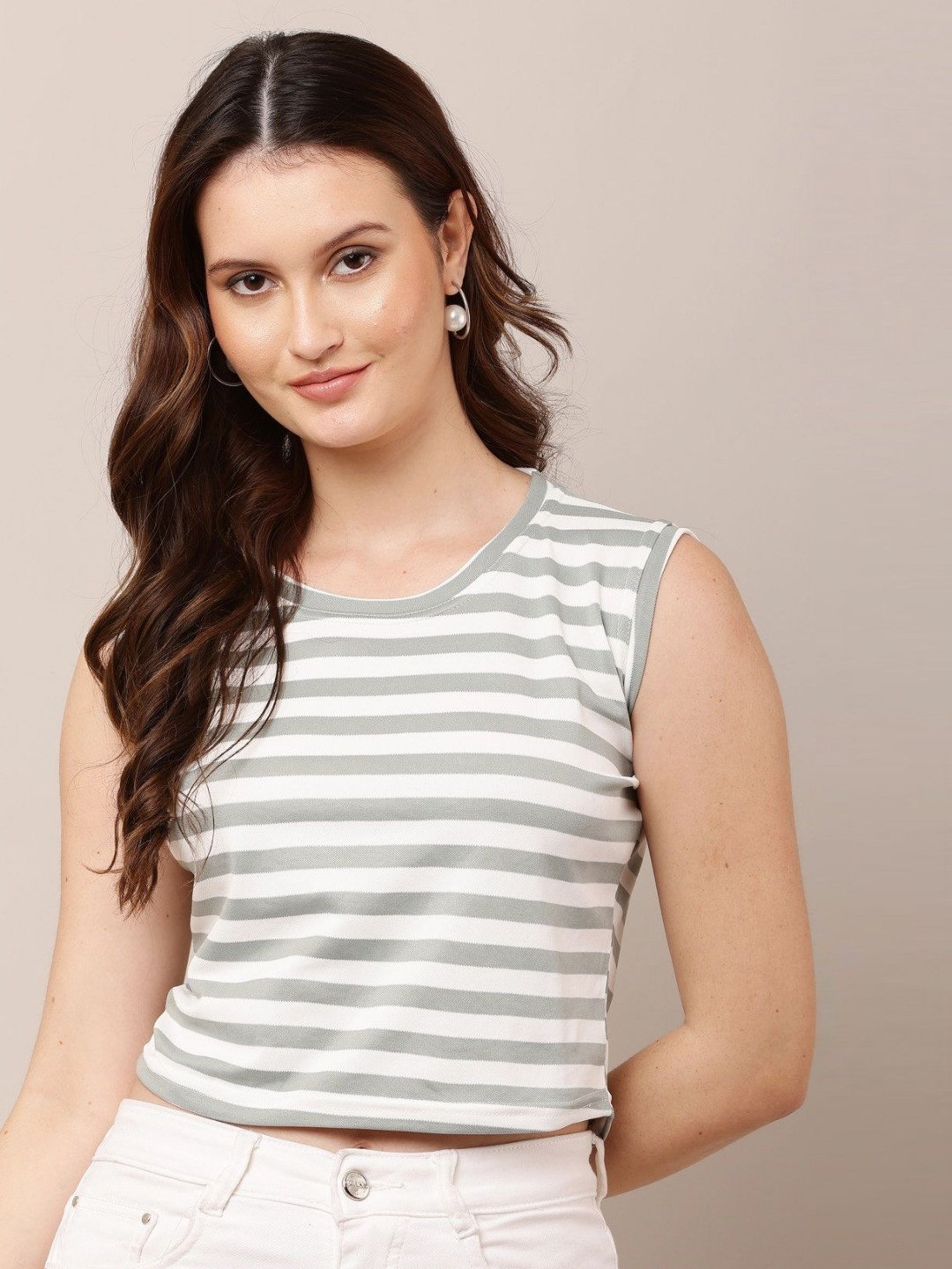 Mast & Harbour Striped Cropped Slim Fit T-shirt