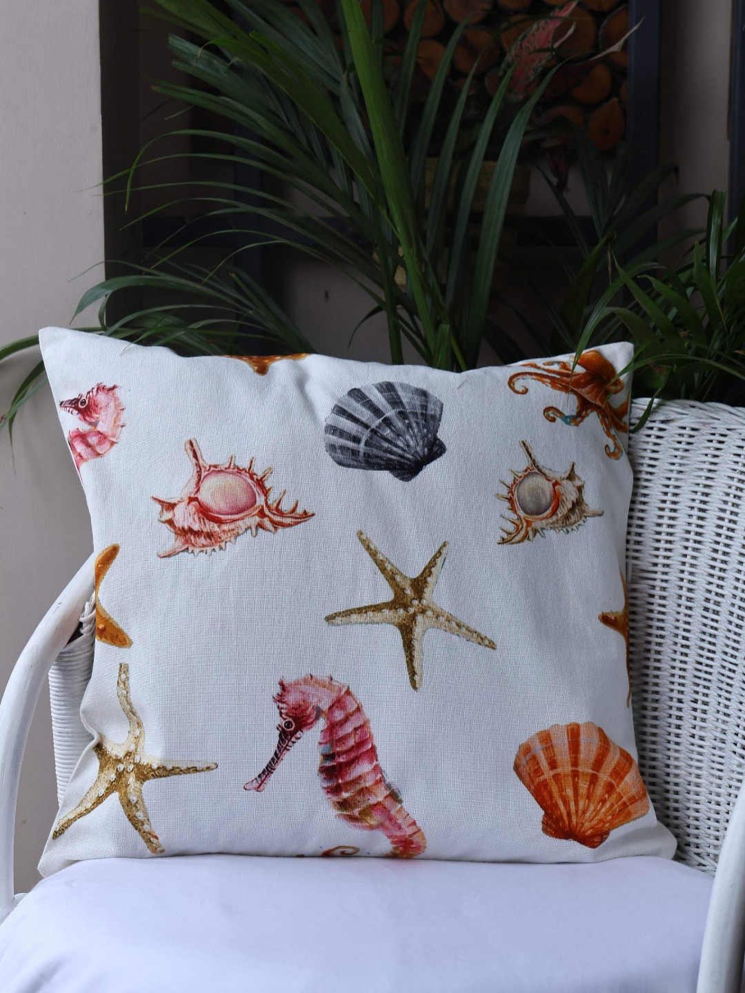 Crown of Poppies Beachy Vibes Conversational Cotton Square Cushion Covers - 15.7 x 15.7 In