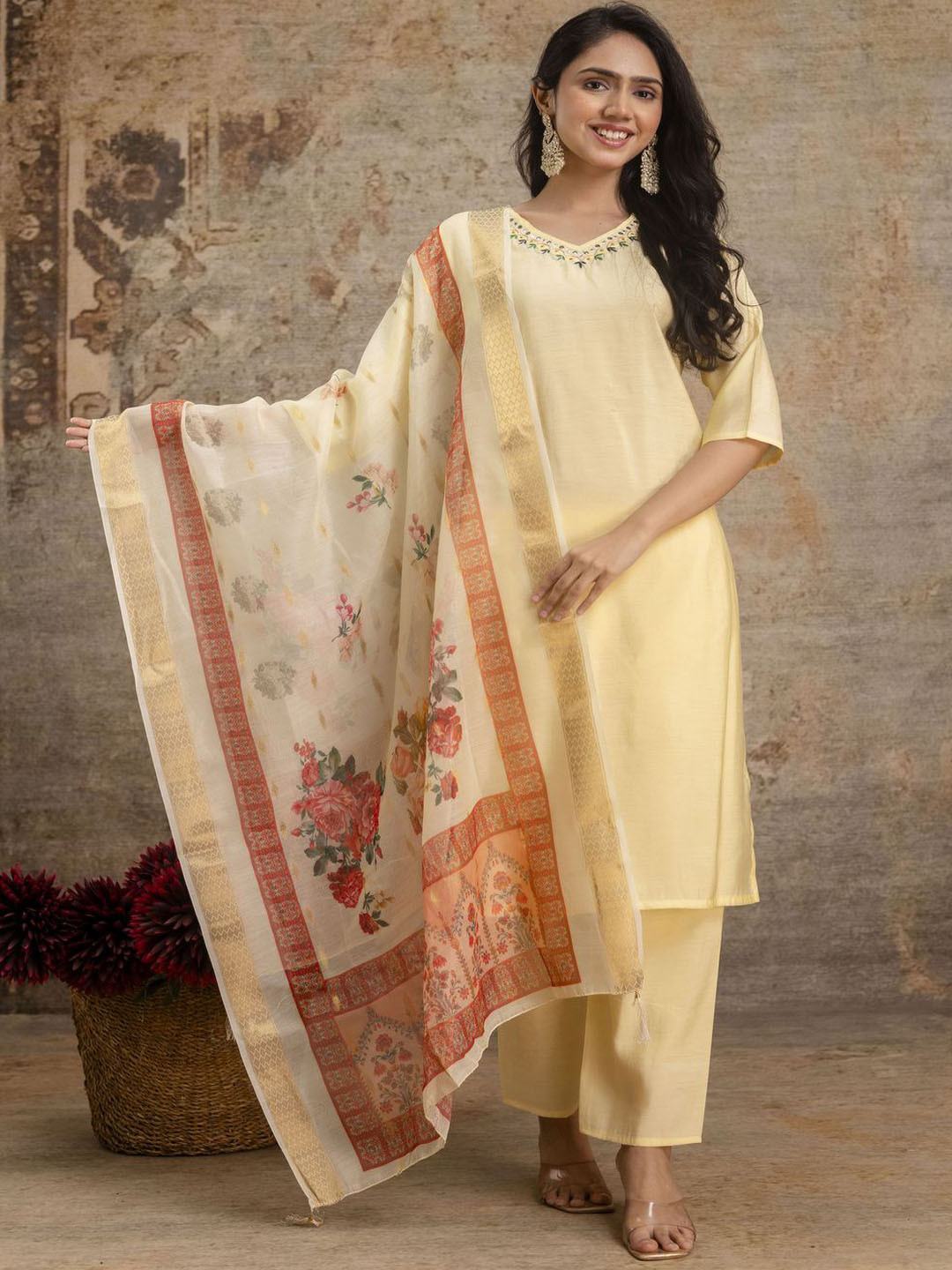 SINGNI Mirror Work Pure Silk Straight Kurta With Trousers & Dupatta