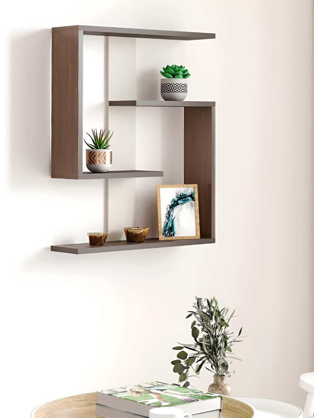 bluewud Brown & White Wooden Wall Shelf