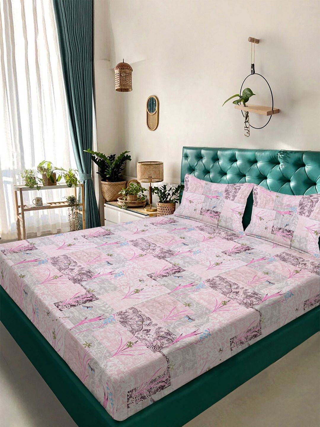 KLOTTHE Pink And Purple Floral Printed 300 TC Double Bedsheet Set - 2.70 x 2.70 m