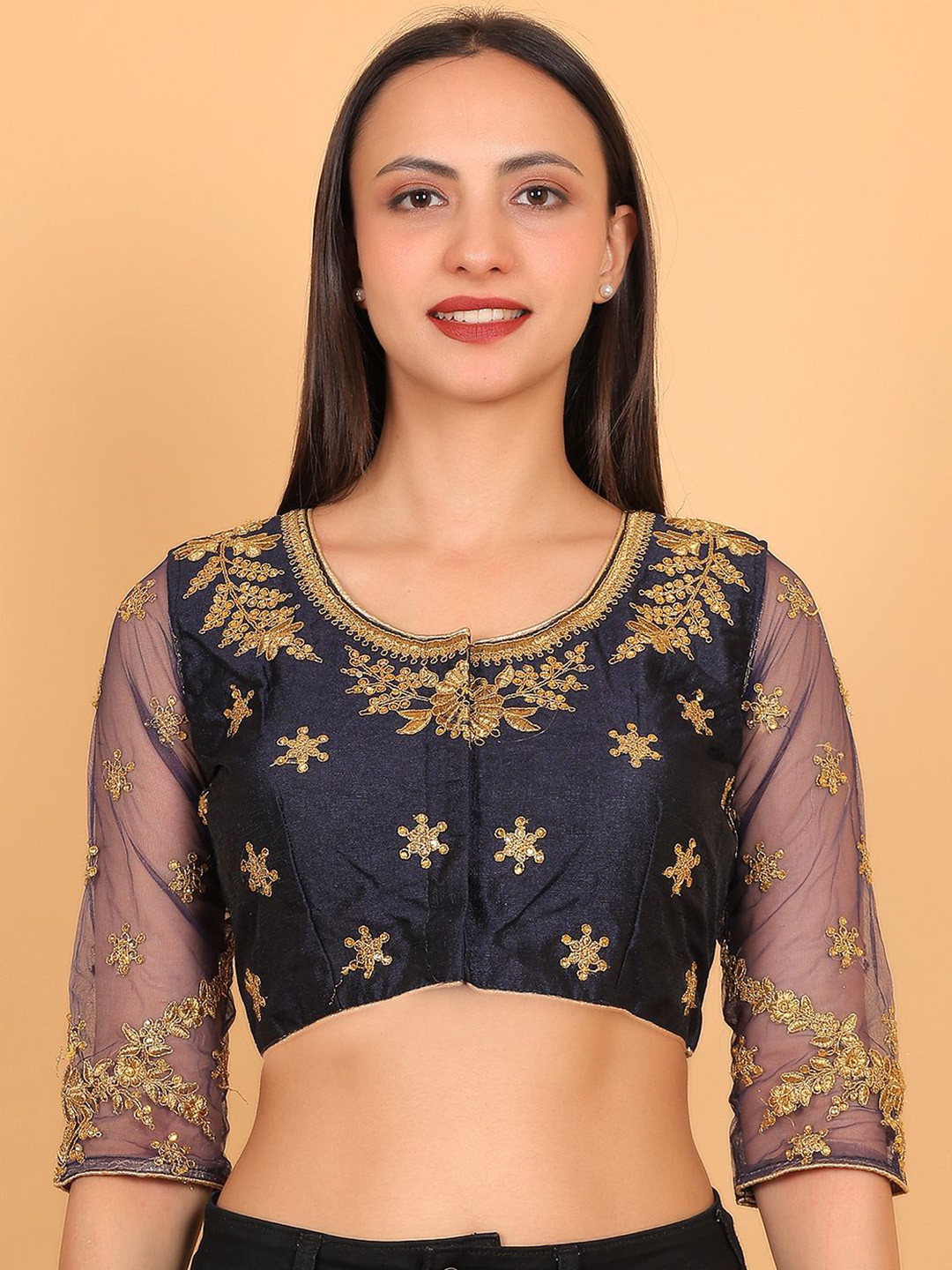 Trendzmy Embroidered Semi-Sheer Sleeves Saree Blouse