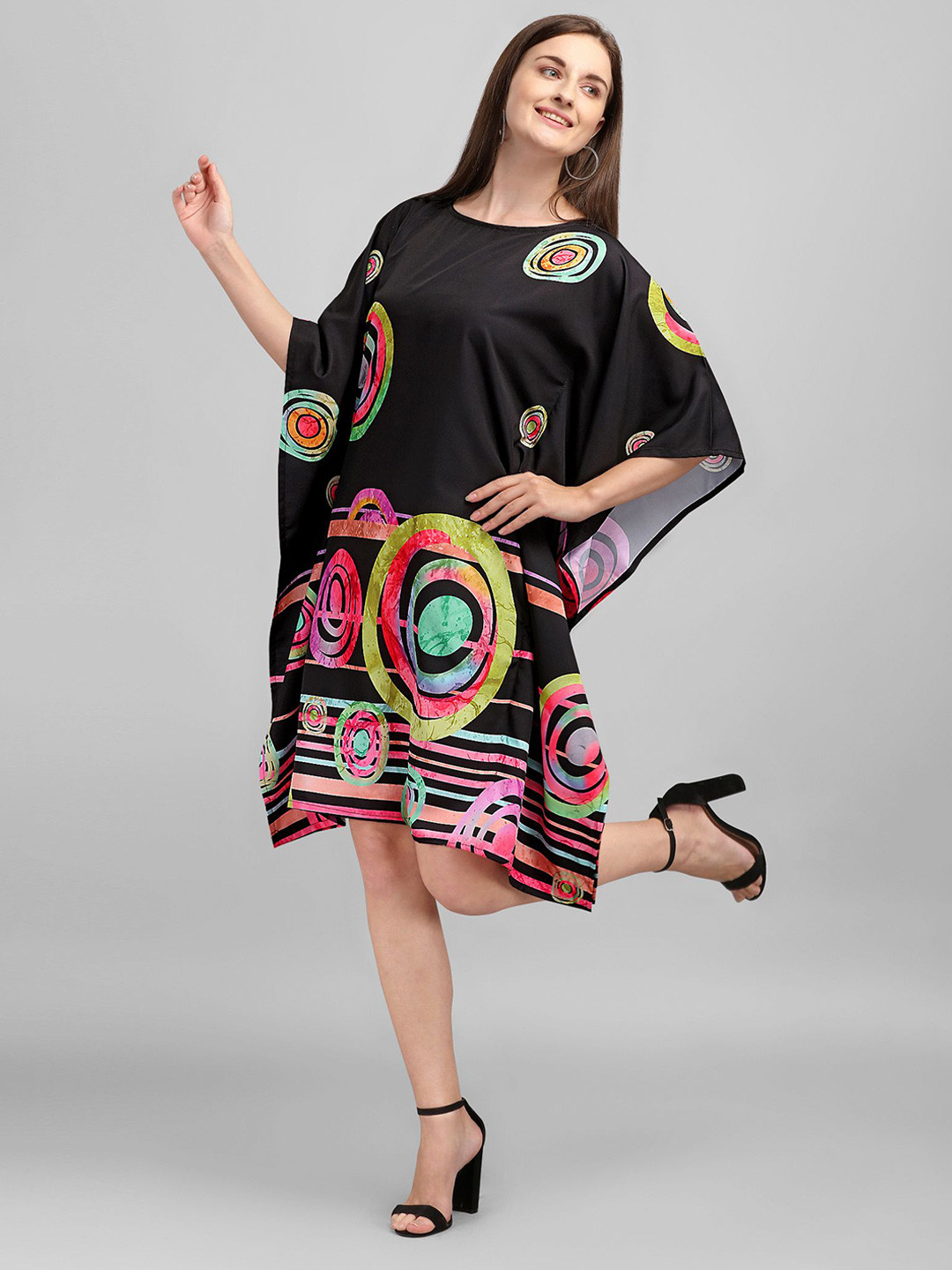 KWEEN Geometric Printed Boat Neck Kimono Sleeves Kaftan Dress