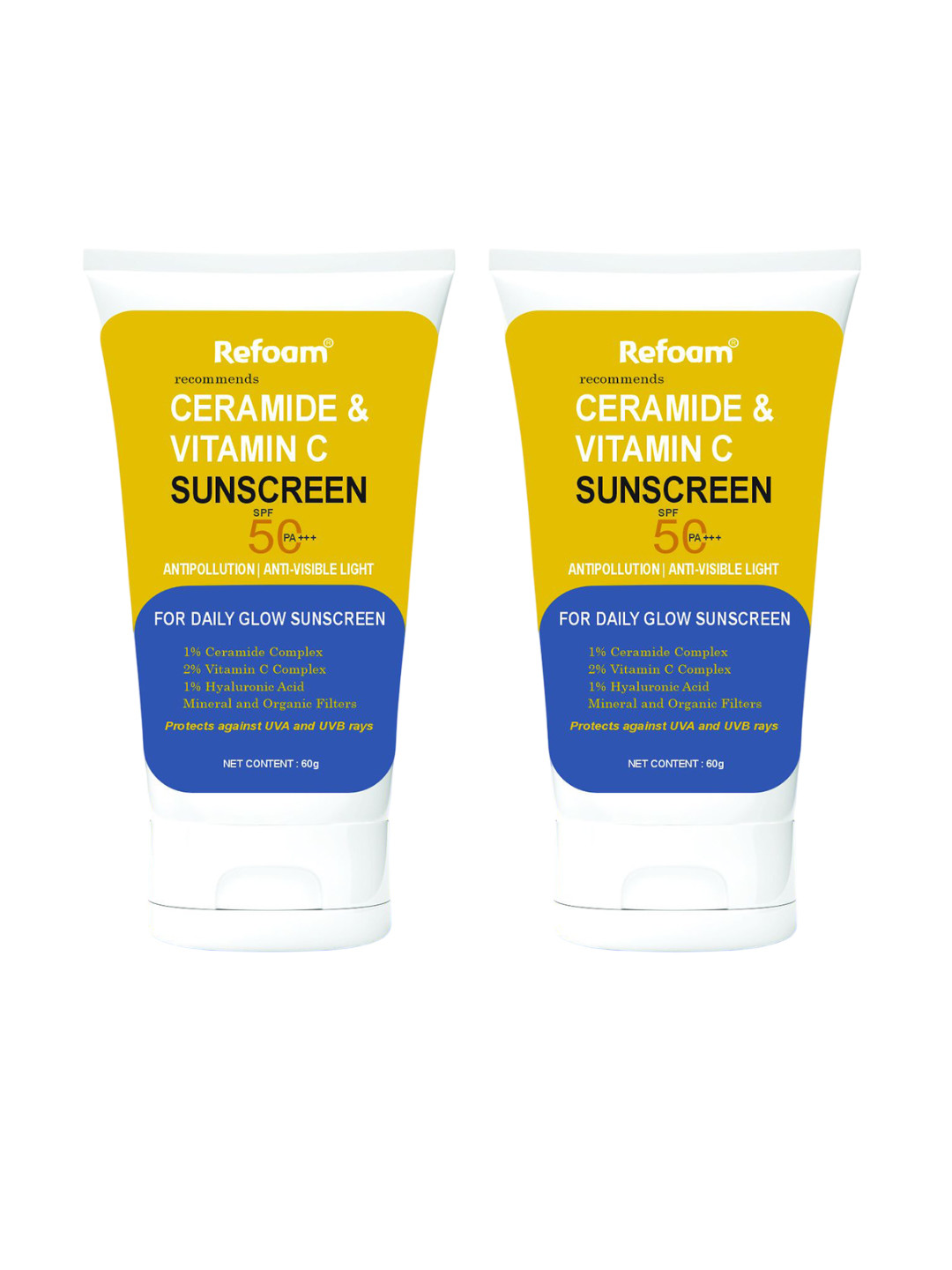 REFOAM Set Of 2 Ceramide & Vitamin C Sunscreen SPF 50 PA+++ - 60 g Each