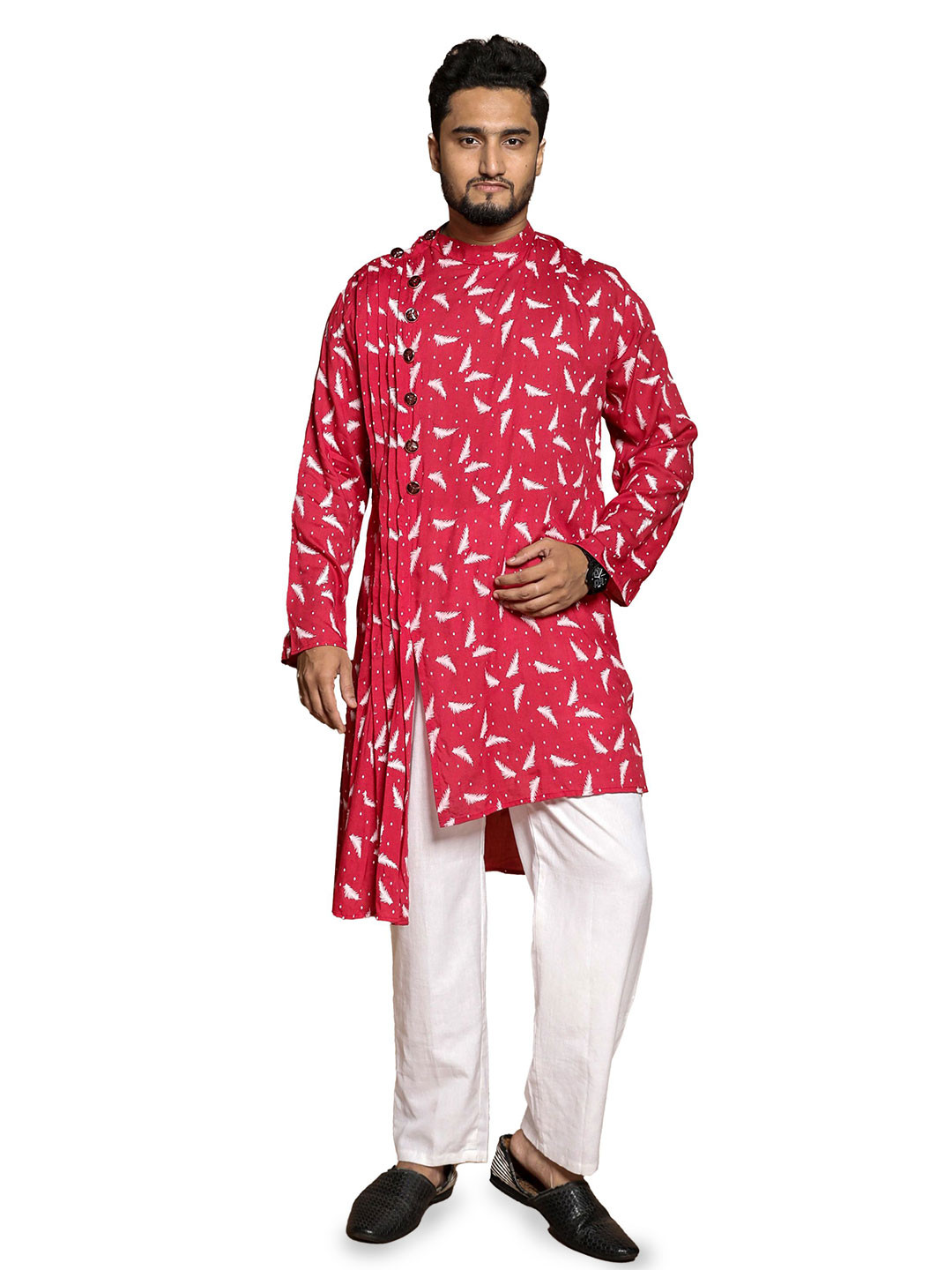 fABRIQ BY FFACE Men Red And White One Side Pleated Asymmetrical Kurta