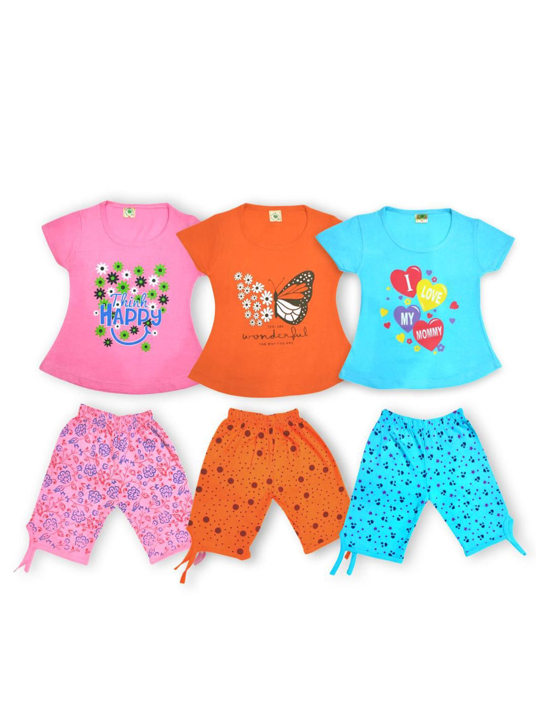 NEW TRINATH HOSIERY Girls Pack Of 3 Printed Round Neck Top With Capris