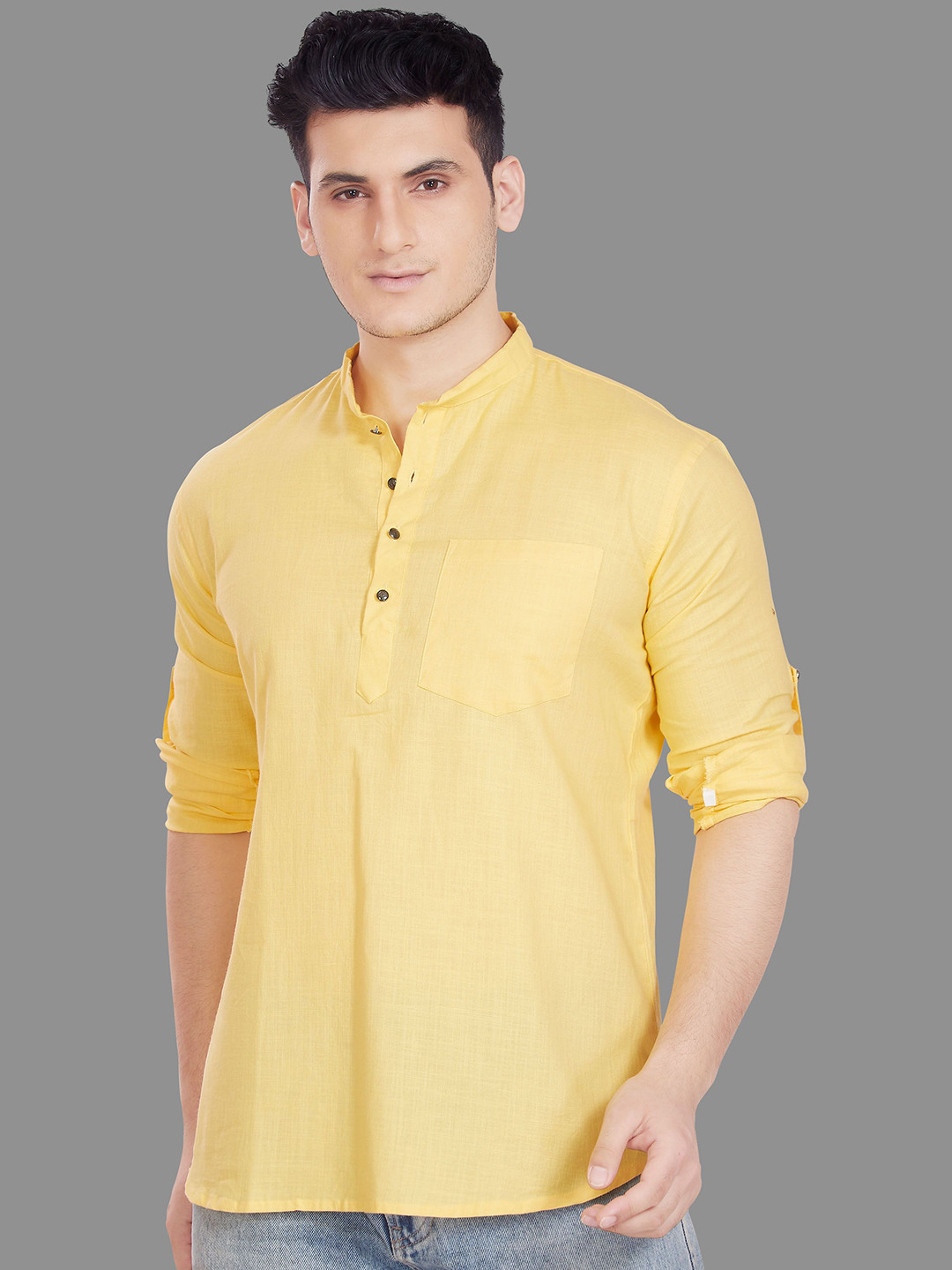 PulseIQ Band Collar Roll-Up Sleeves Pure Cotton Straight Kurta