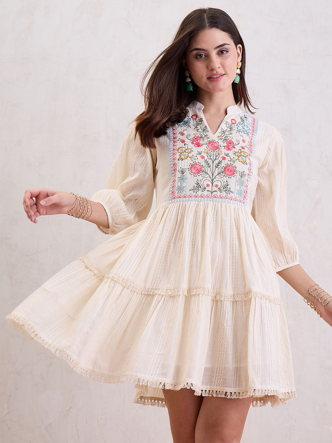 CHETI Embellished Embroidered Fit & Flare Cotton Dress