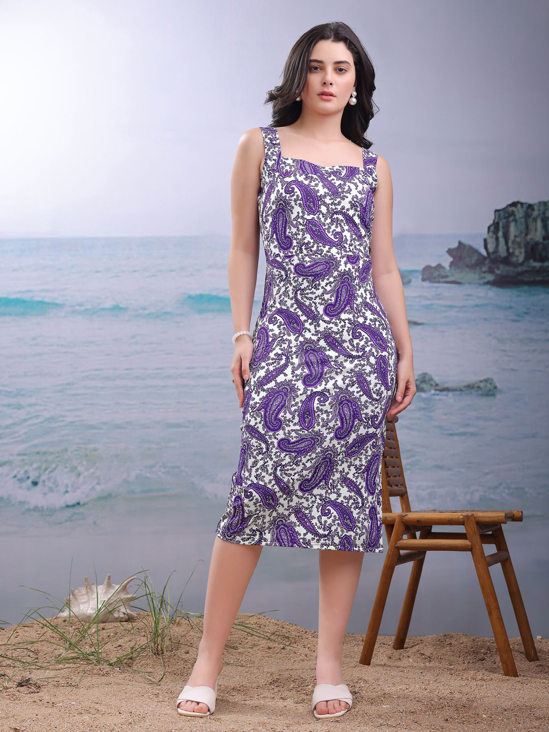 PURVAJA Women Printed White Bodycon Knee Length Dress