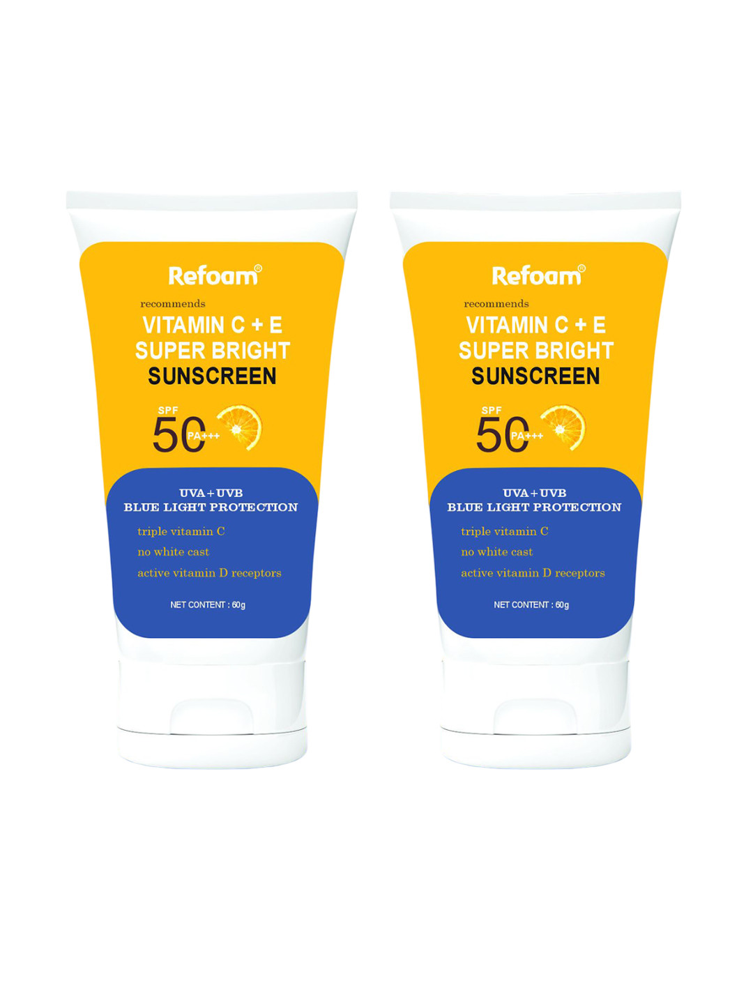 REFOAM Set Of 2 Vitamin C & E Sun Bright Sunscreen SPF50 PA+++ - 60 g Each