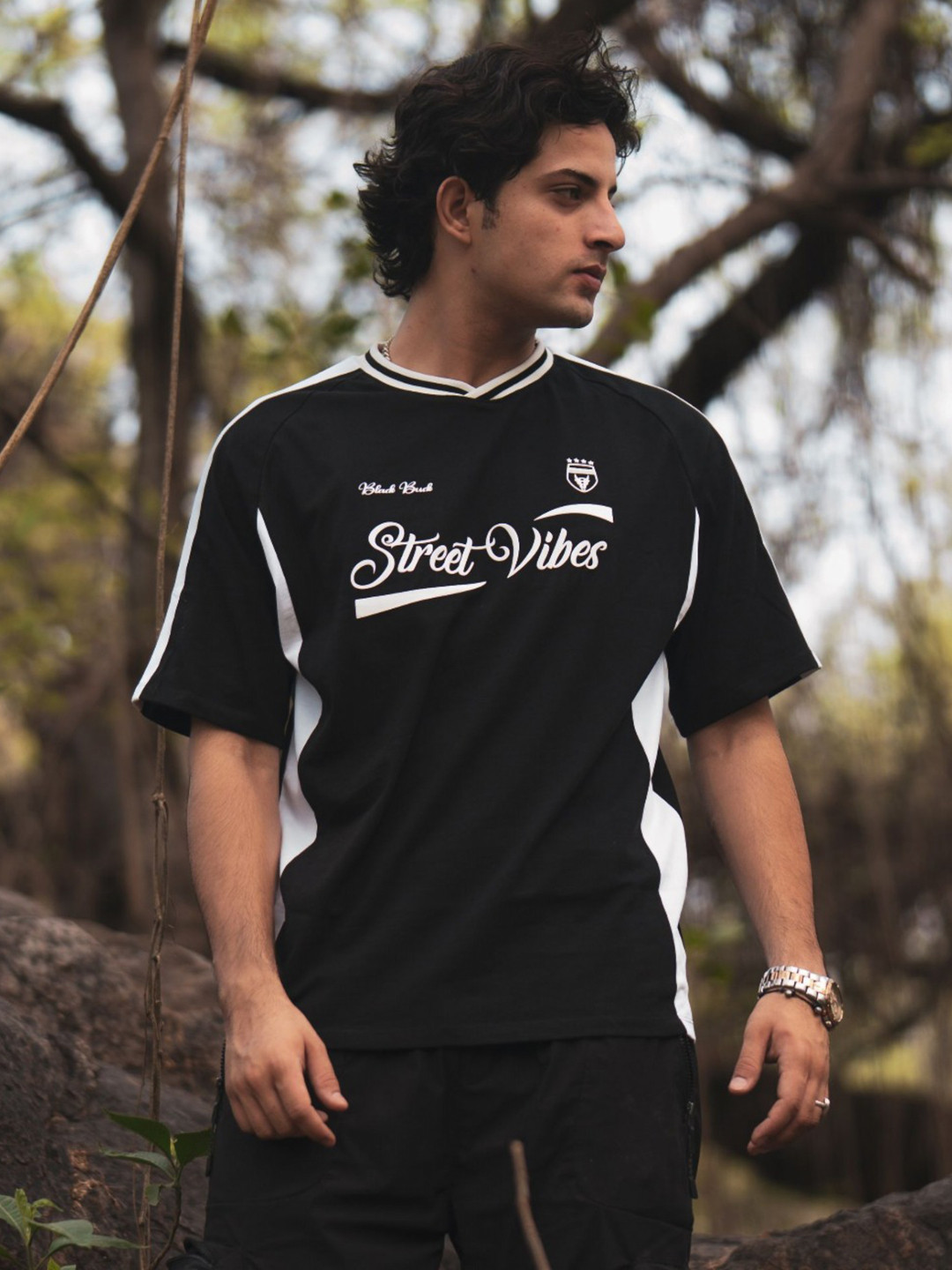 BLACK BUCK Typography Printed Monochrome Football Jersey Oversized T-shirt