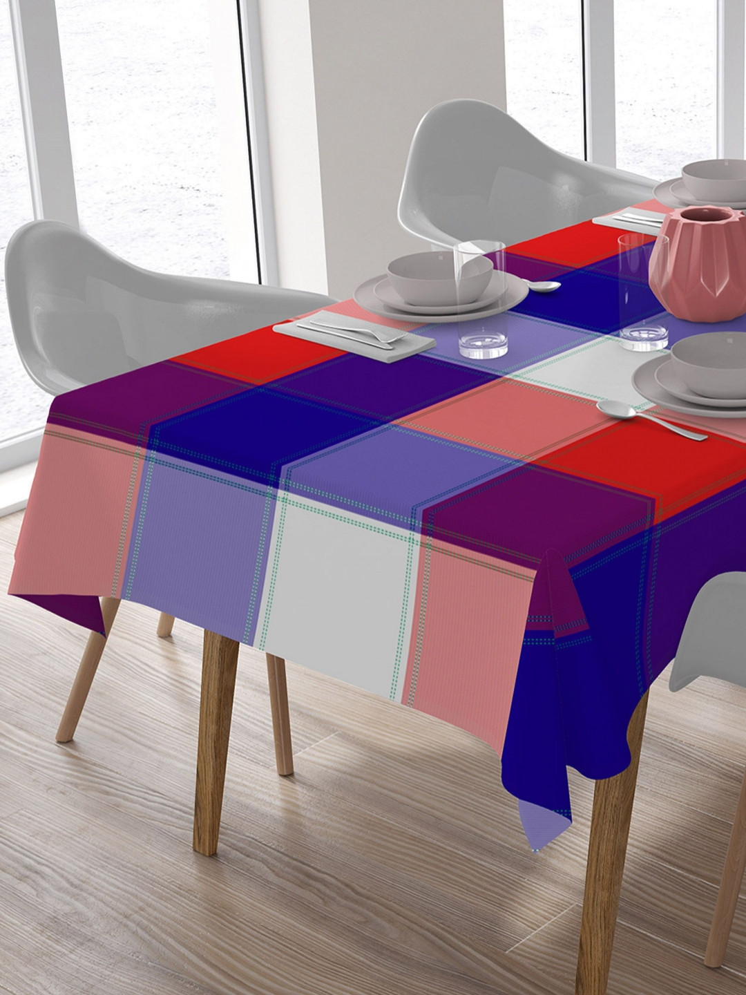 HOME COLORS.IN Blue & Red Checked Cotton 4 Seater Table Cover