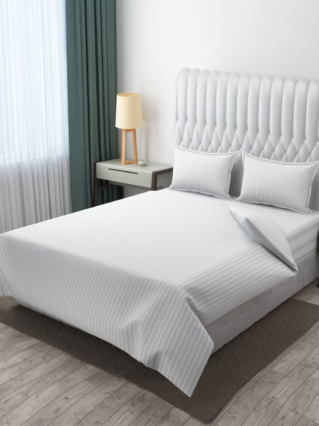 MOGNE FAB White Striped Poly Satin 210 TC King Fine Bedsheet with 2 Pillow Covers-90 x 100 inches
