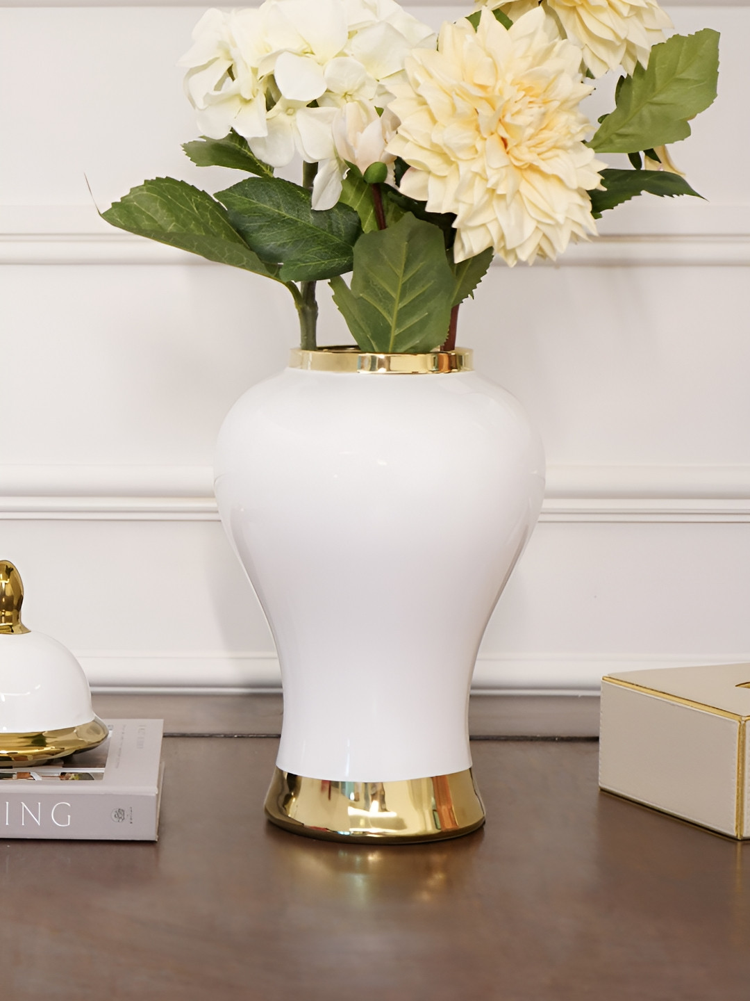 RCASA White Urn In Golden Big Accents With Lid