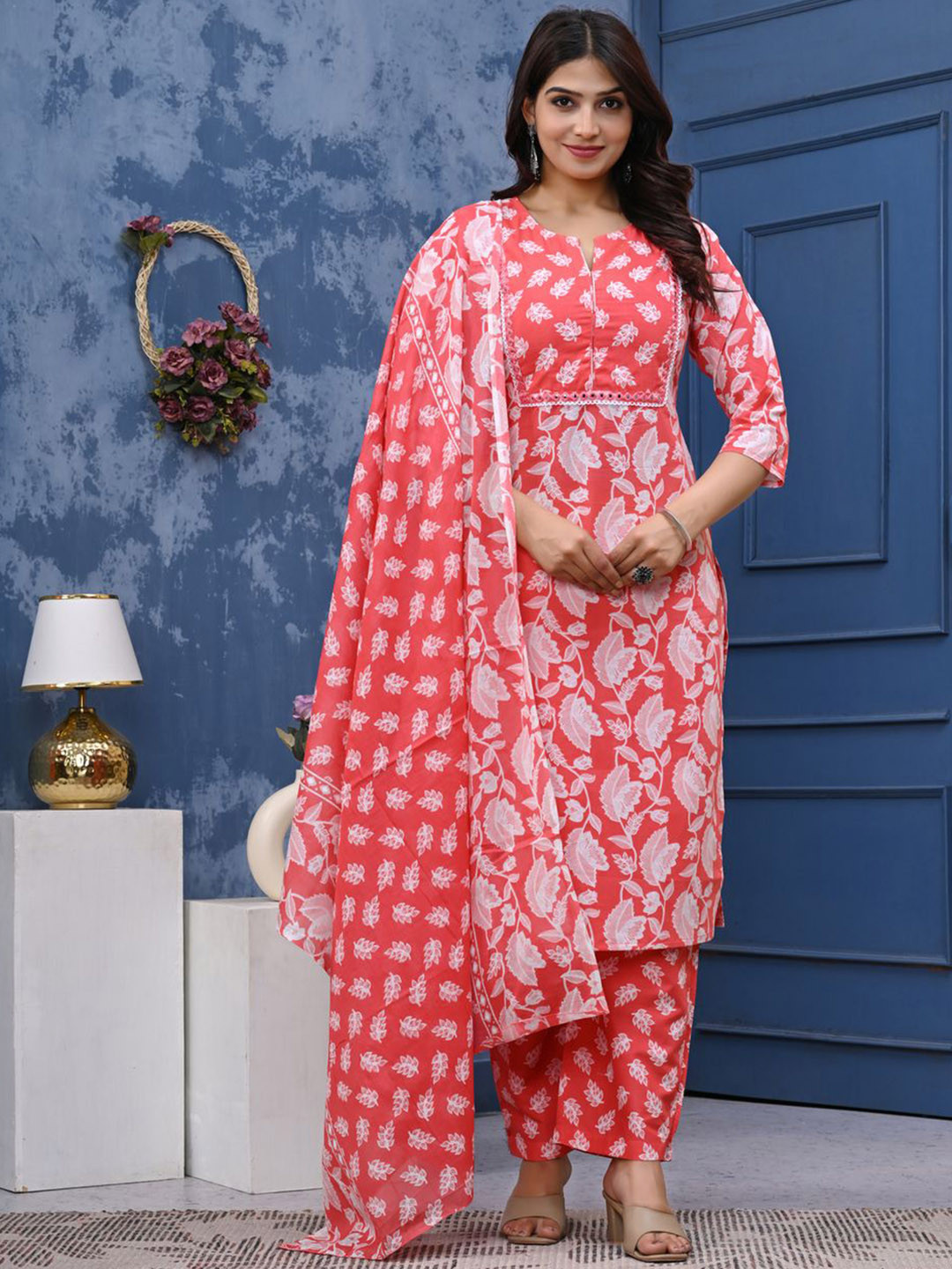 k d fab Floral Printed Notch-Neck Pure Cotton Kurta With Trousers And Dupatta