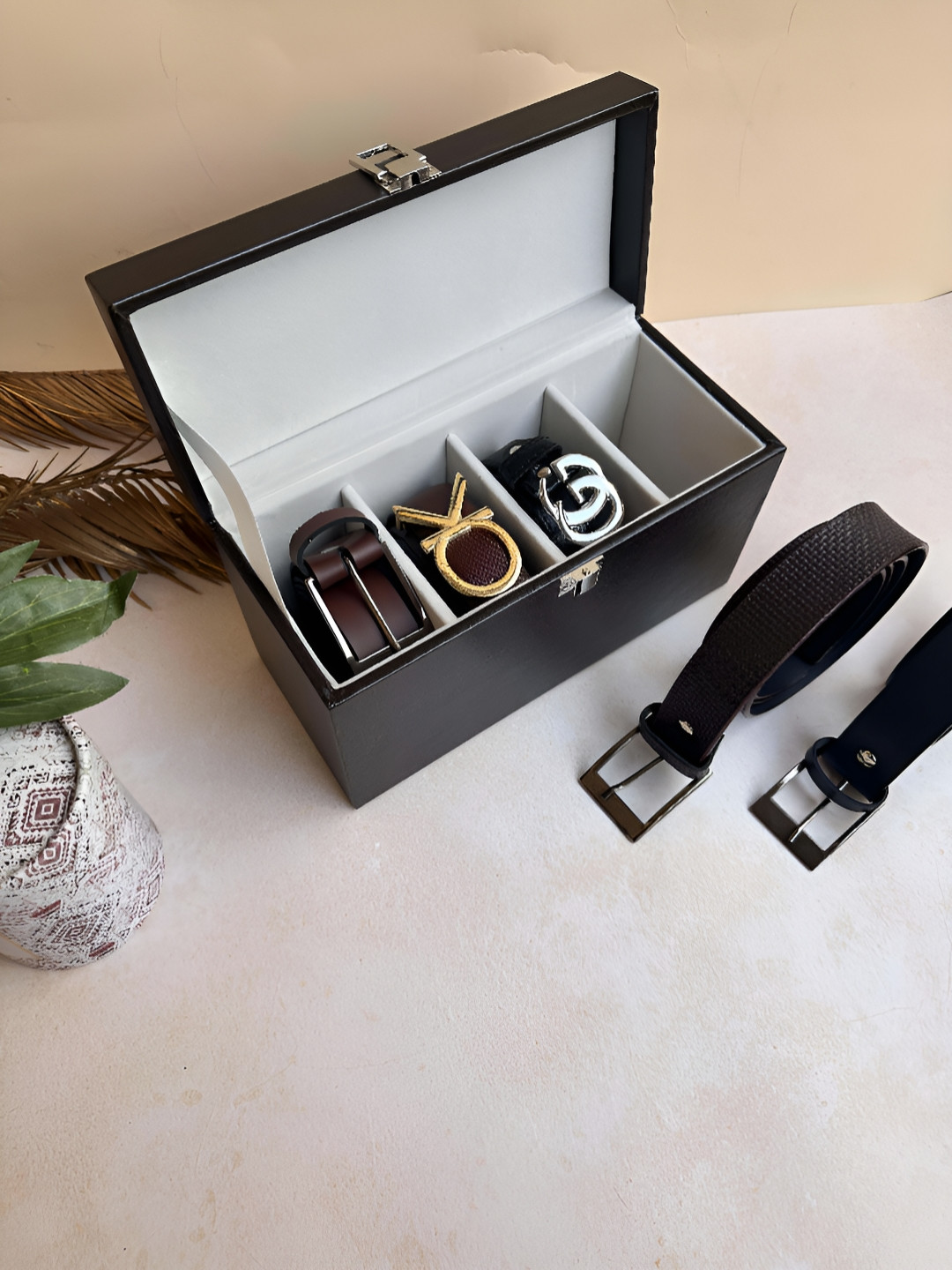 La Trove Men 4 Slot Brown PVC Belt Organizer Box for Wardrobe Closet