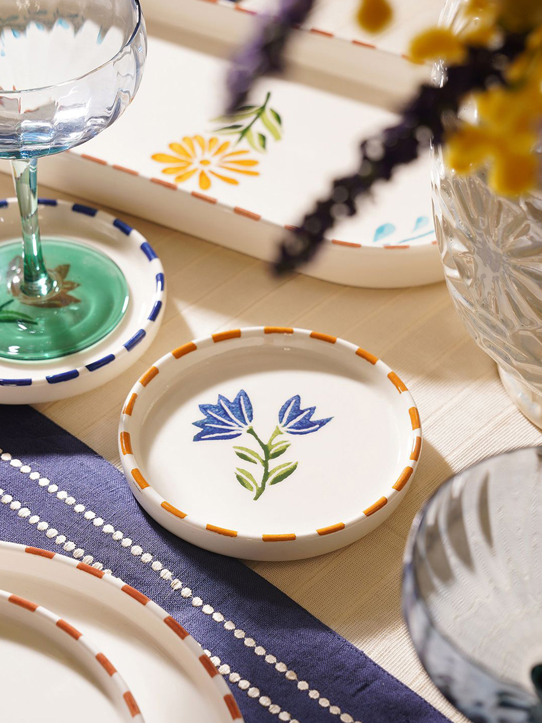 Pure Home and Living 2-Pcs Blue & Orange Coloured Hand Painted Coasters