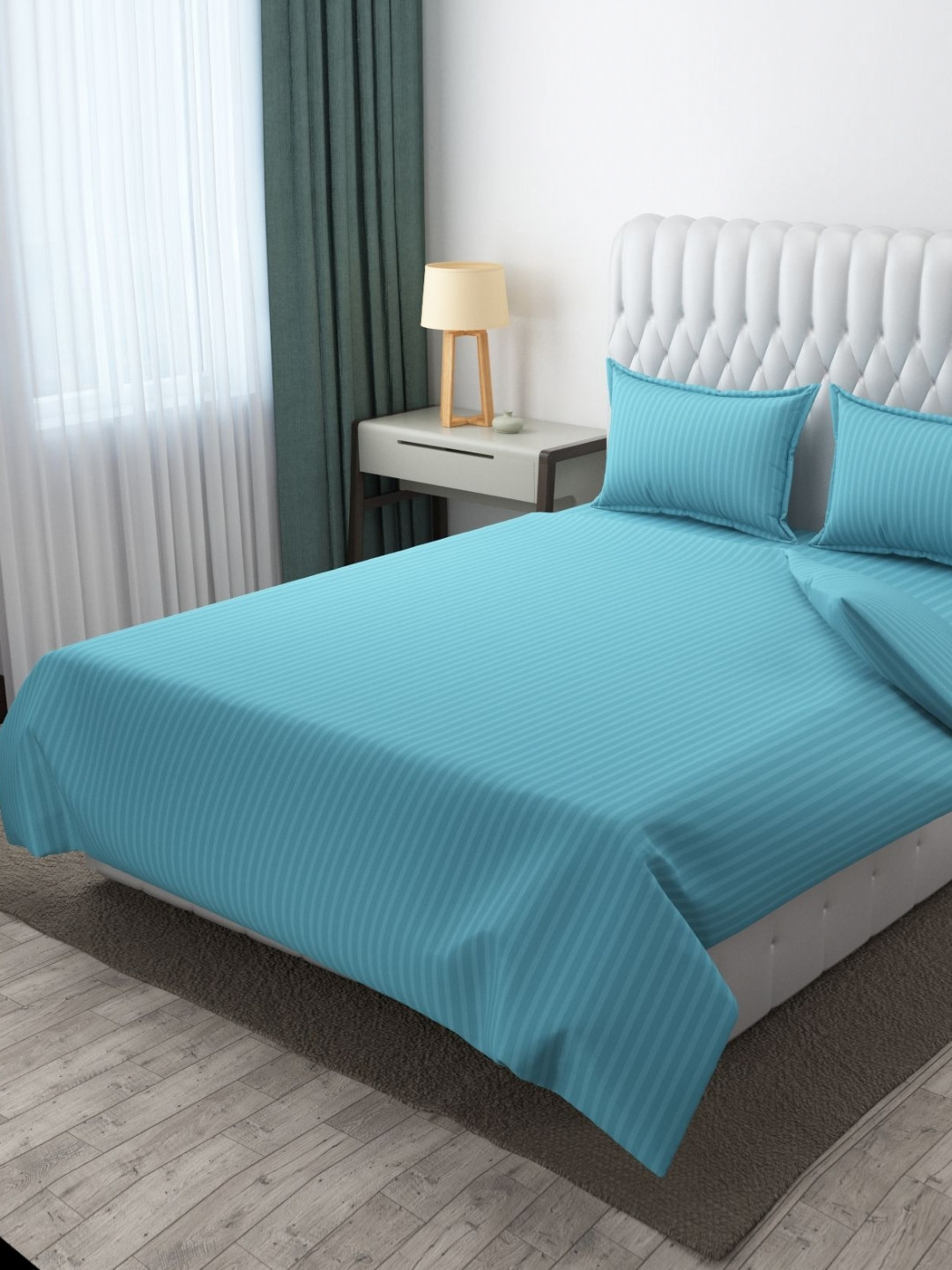 MOGNE FAB Turquoise Blue Striped Poly Satin 210 TC King Fine Bedsheet with 2 Pillow Covers-90 x 100 inches