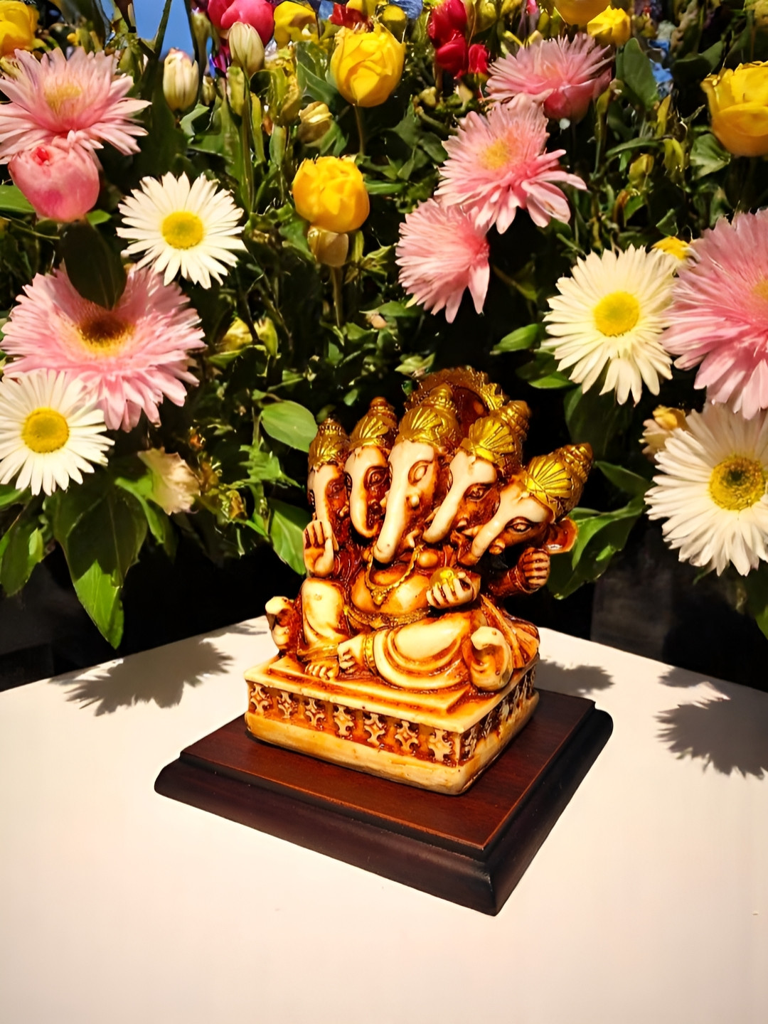 GLOBAL AROMA Panchmukhi Ganesha Yellow Polyresin Matte Living Room Medium Showpiece - 5.1 Inches