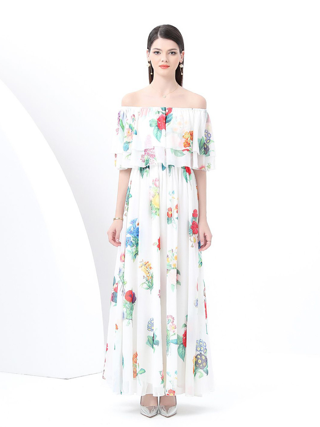 JC Collection Women Floral Print Cape Sleeves Off-ShouldernMaxi Dress