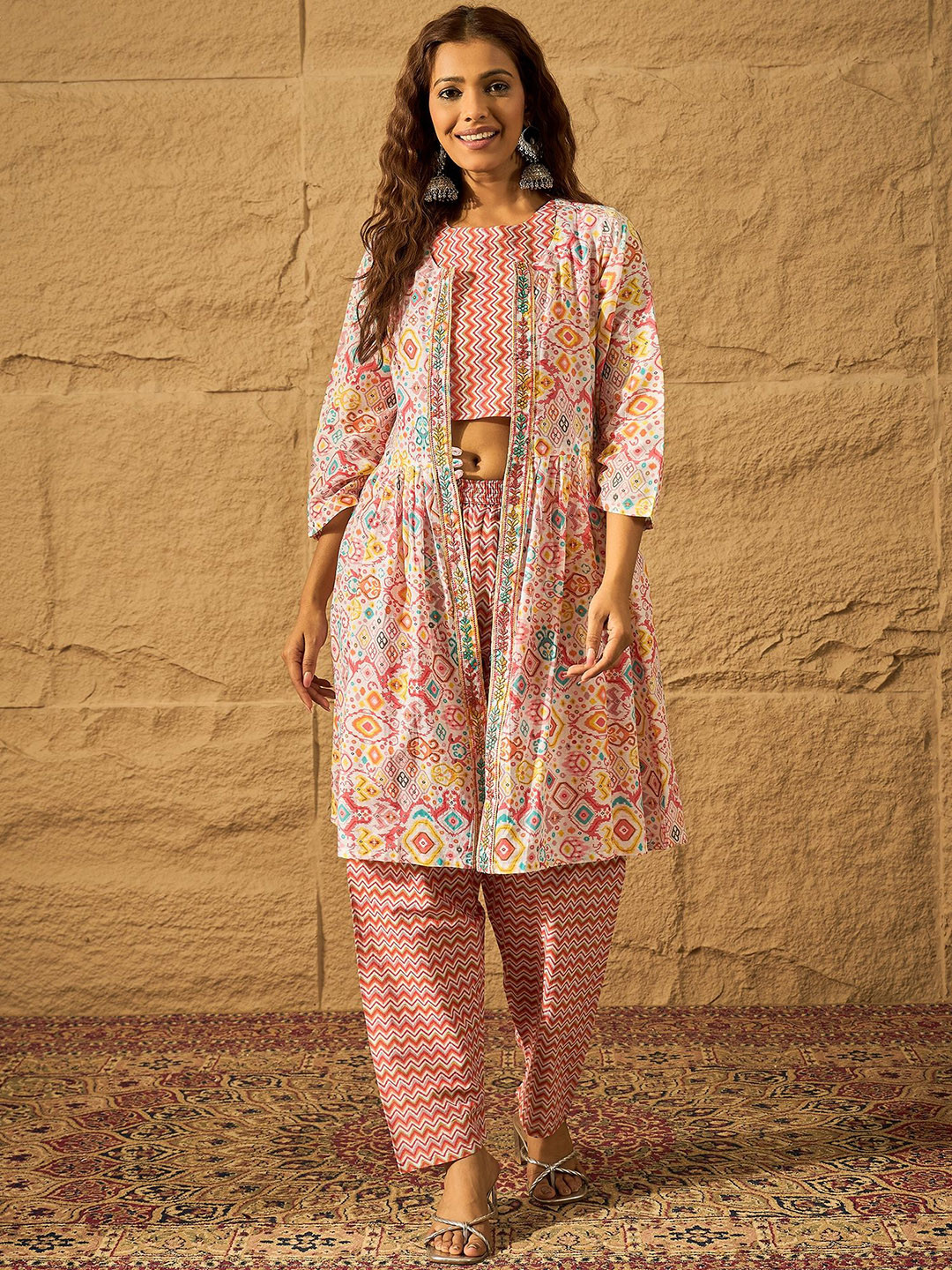 SAHASIKA Printed Round Neck Top Shrug With Trousers Co-Ords Set