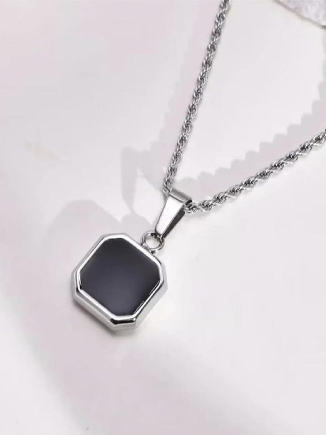 Crazy Fashion Stainless Steel Silver-Plated Onyx Stuuded Pentagon Pendant With Chain