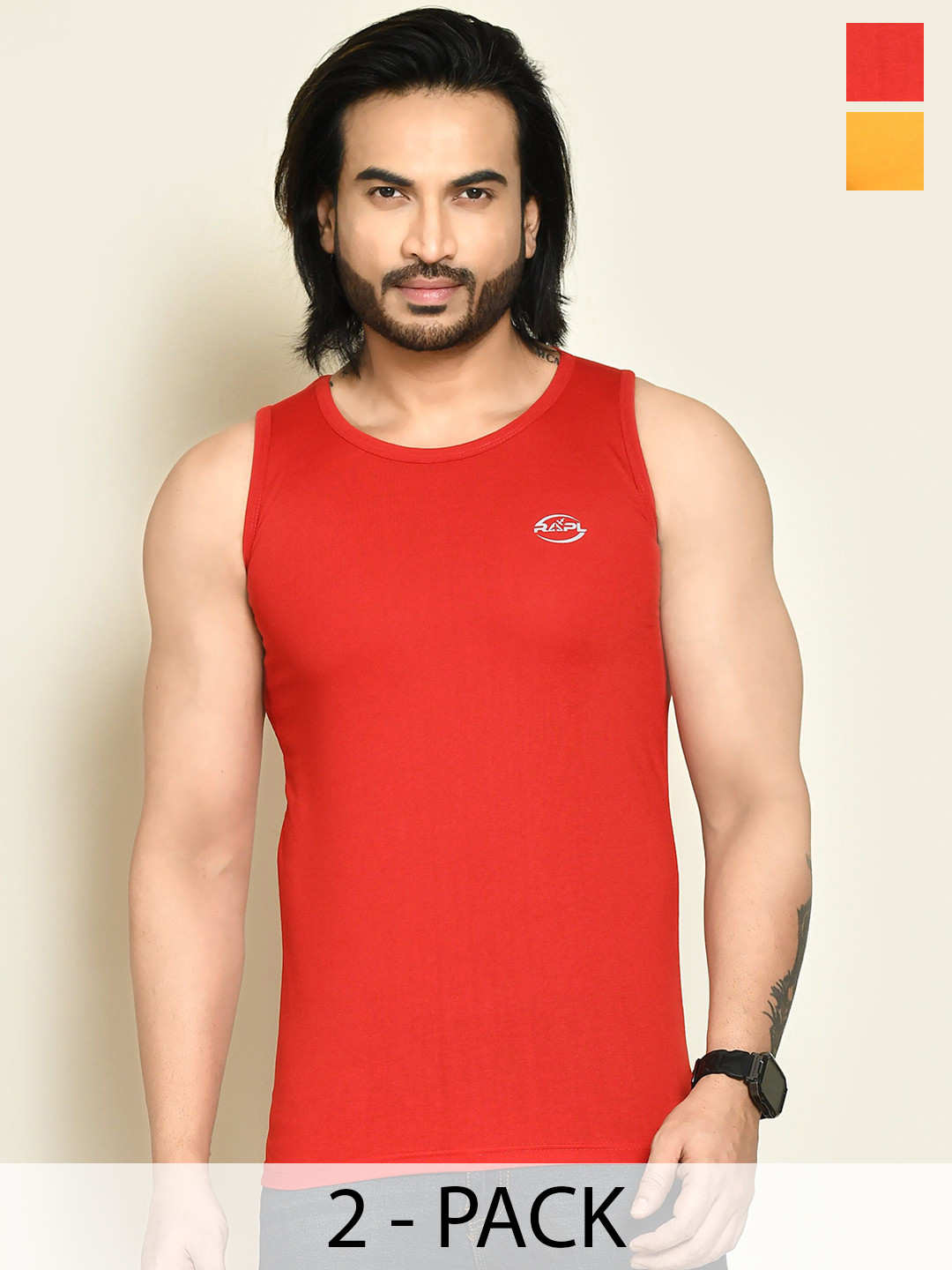 RAPL Pack Of 2 Round Neck Tank Vests M_SDP2_Rd-Ylw_S