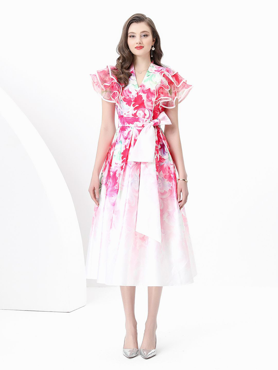 JC Collection Floral Printed Flutter Sleeve A-Line Midi Dress