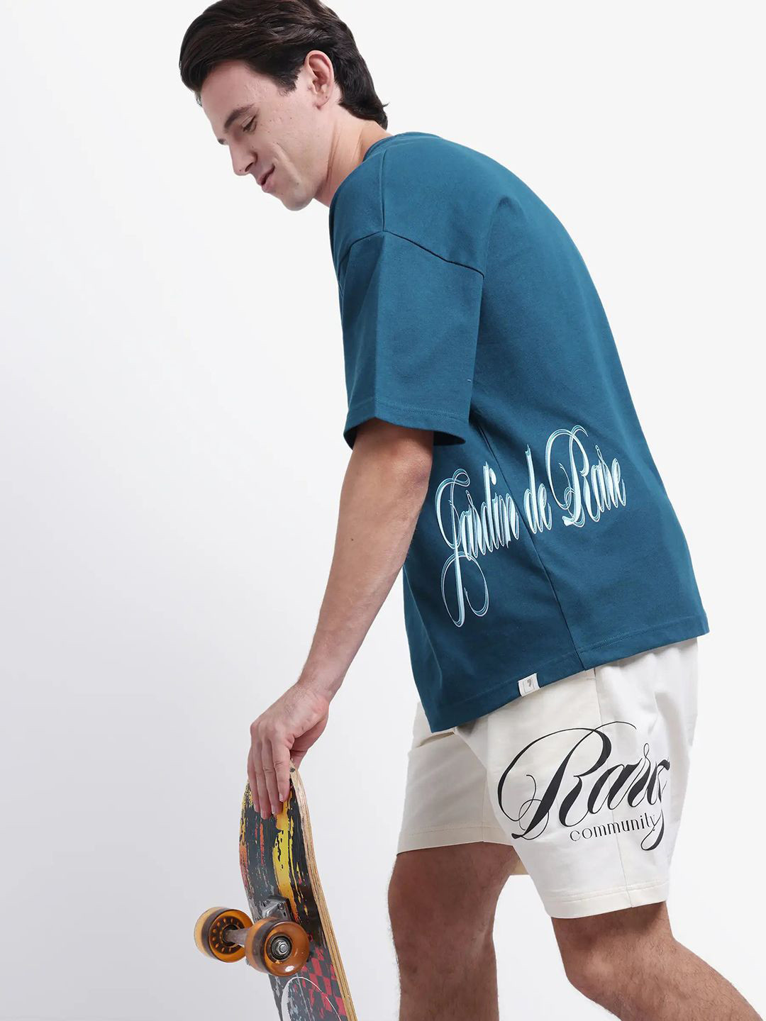 RARE RABBIT Typography Printed Drop-Shoulder Sleeves Oversized Cotton T-shirt