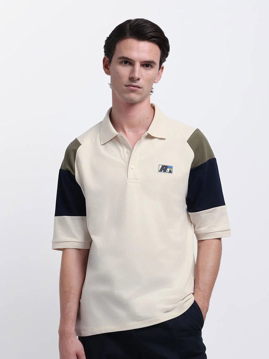 RARE RABBIT Colourblocked Polo Collar Cotton T-shirt