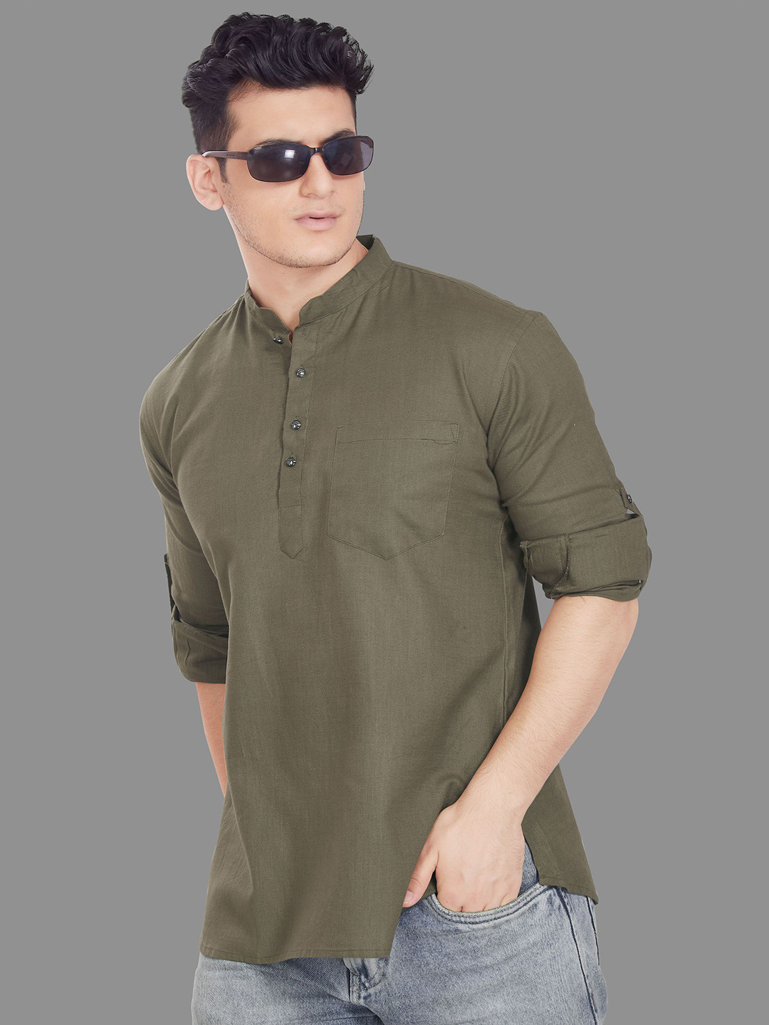 PulseIQ Mandarin Collar Roll-Up Sleeves Pure Cotton Straight Short Kurta