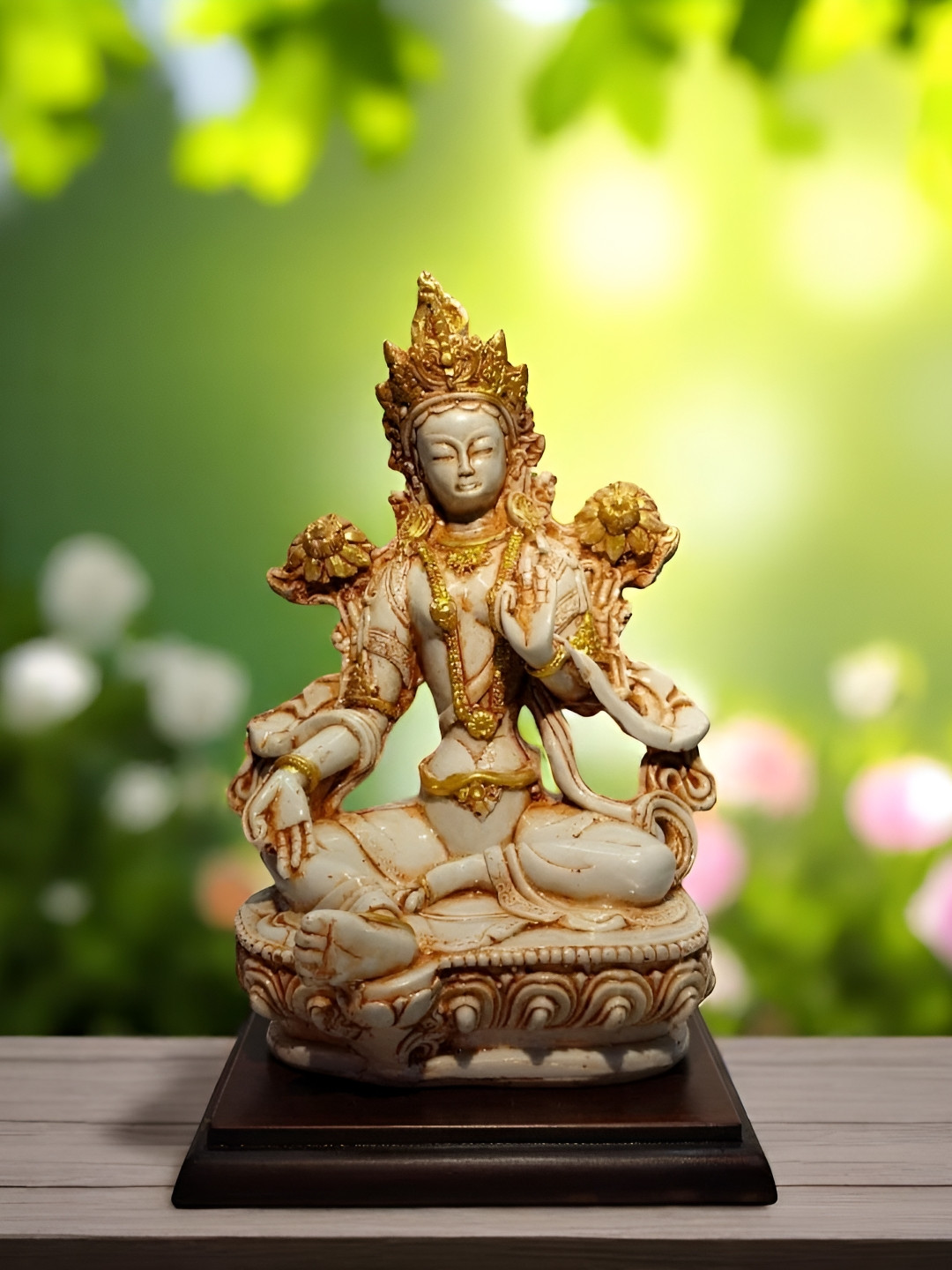 GLOBAL AROMA Tara Maa White Polyresin Matte Prayer Room Small Showpiece - 7.9 Inches