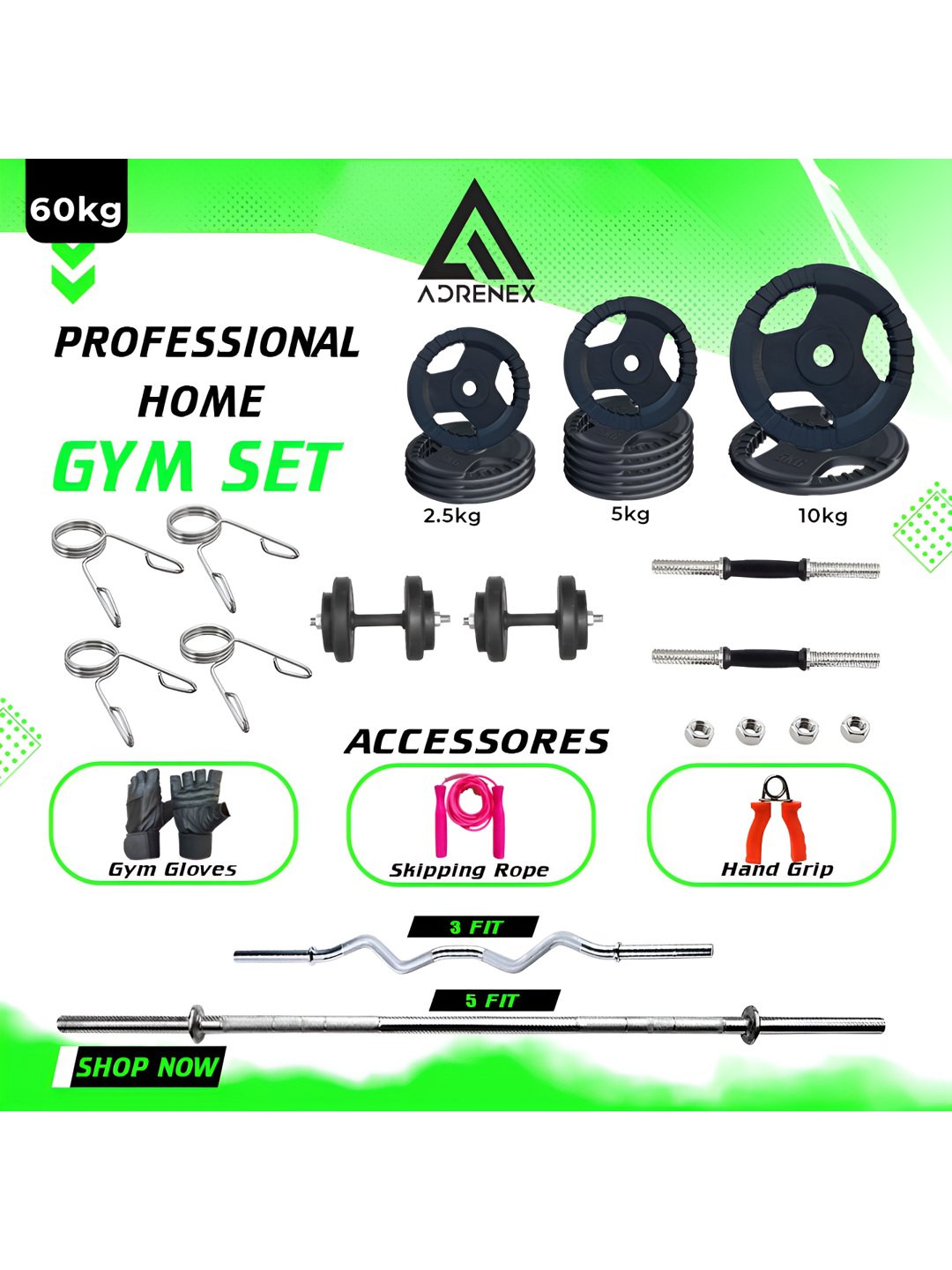 ADRENEX Set Of 30 Standard & Curl Rod Home Gym Combo
