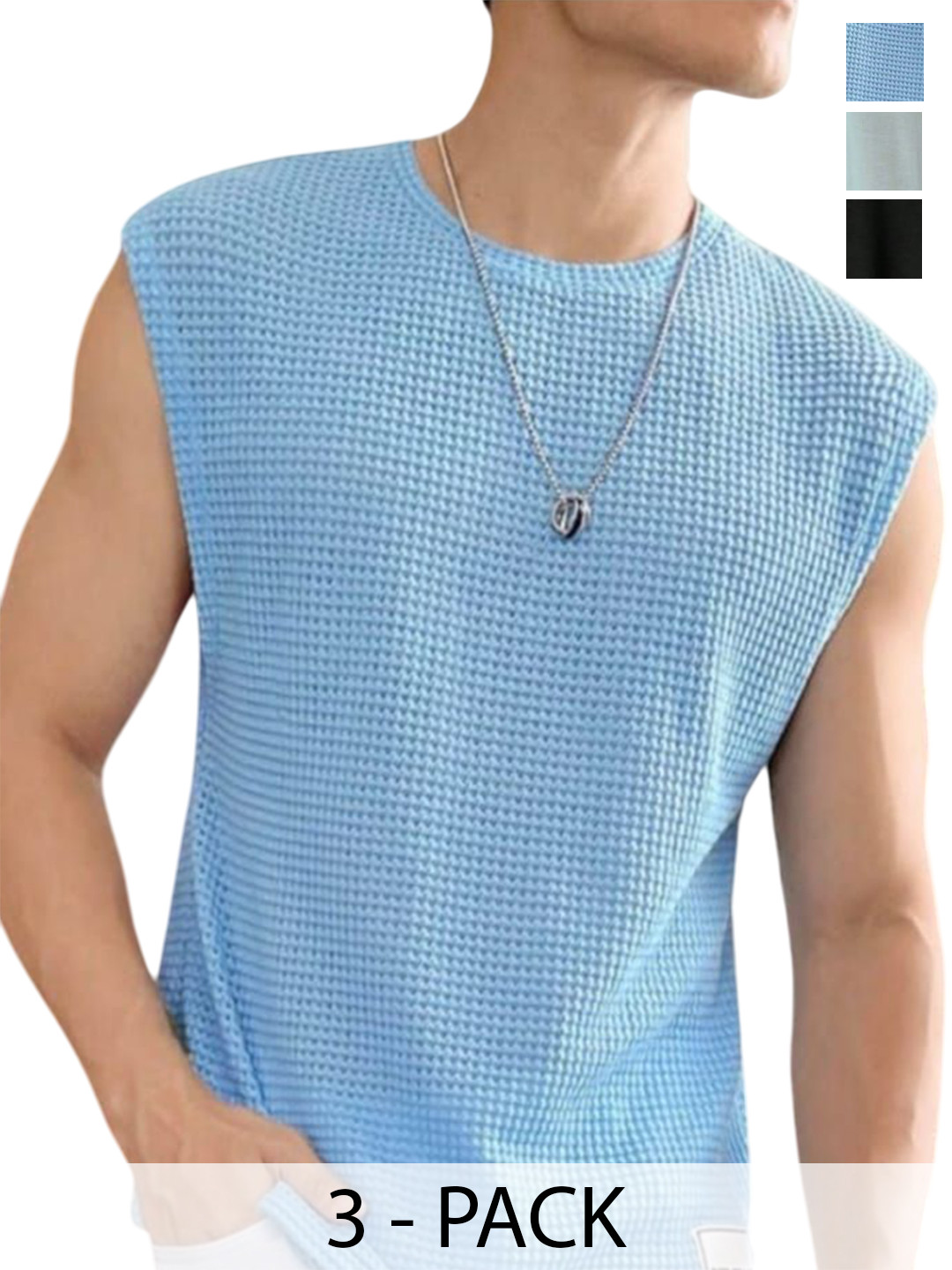 Calcados Pack Of 3 Round Neck Stretchable Gym Vest - Sandoz-blk,sky-Vest-sky-S