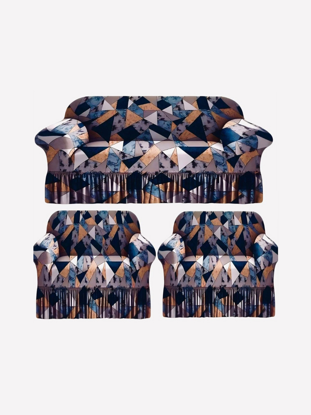 GIFTS ISLAND White & Blue Printed Polyester 5 Piece Sofa Cover With Arms