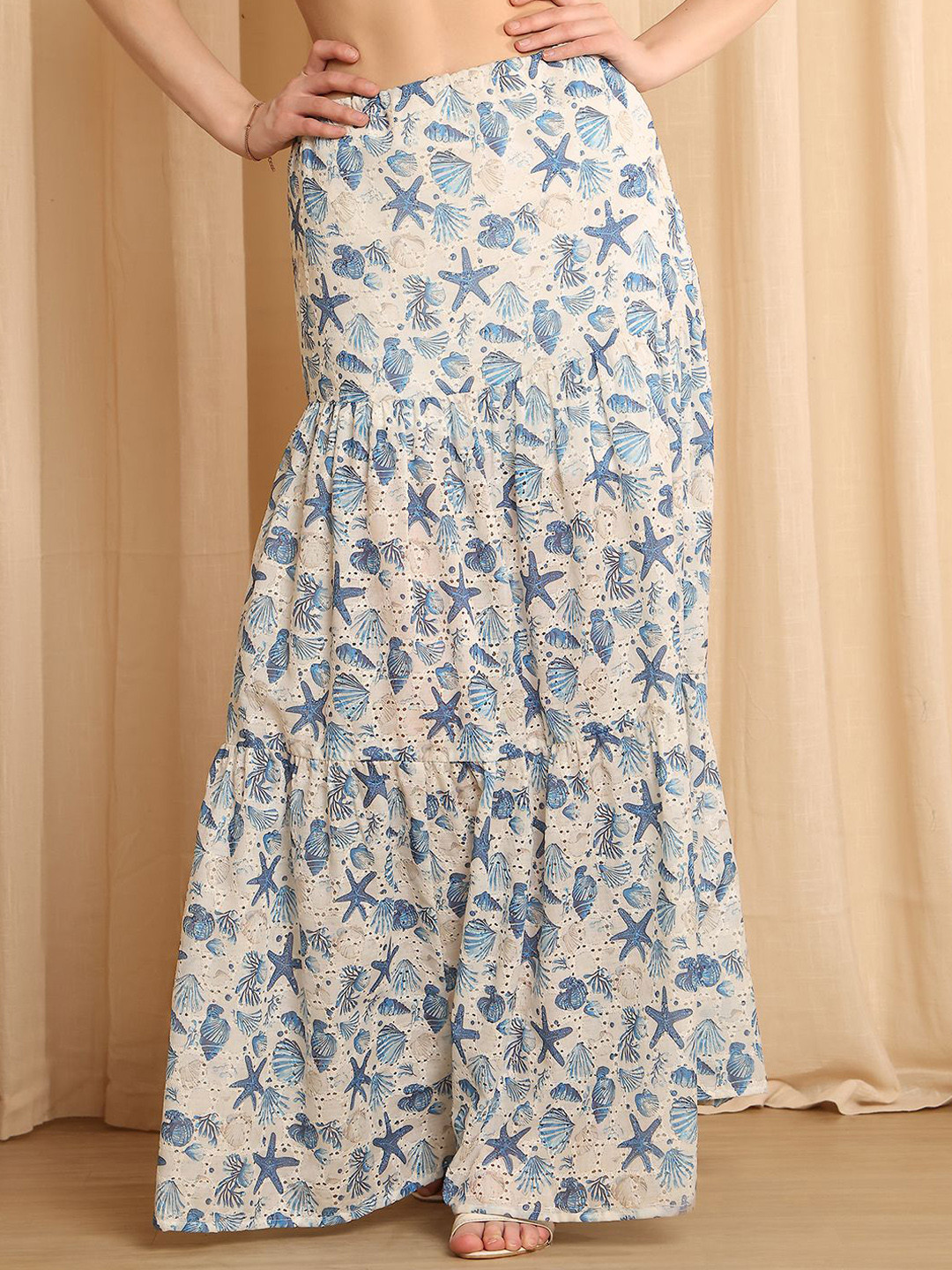 NEUDIS Seashell & Star Printed Cotton Tiered Maxi Skirt