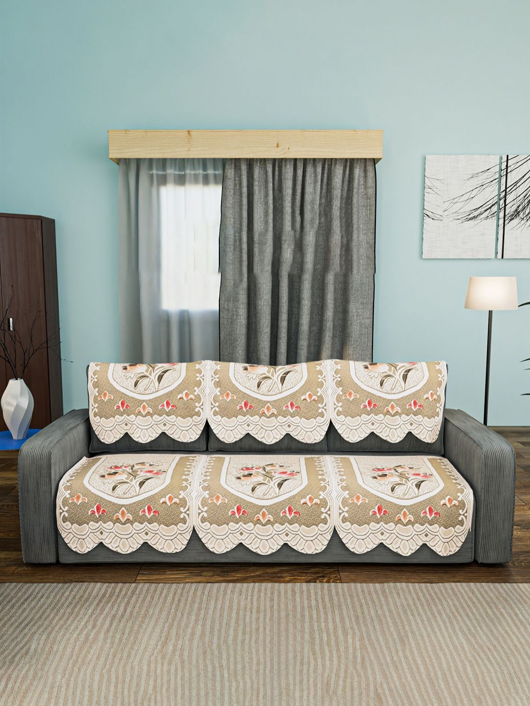 Myntra Elegant Homes Cream Colored & Olive 6 Pieces Printed Cotton 3 Seater Sofa Covers