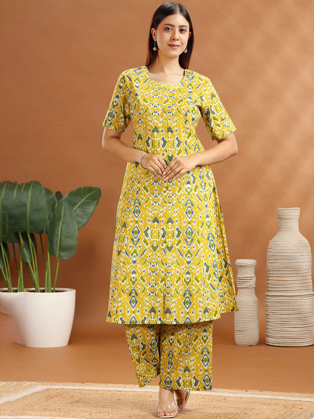 COTTON CULTURE Women Yellow Flax Cotton Printed Straight Kurta and Pant Set