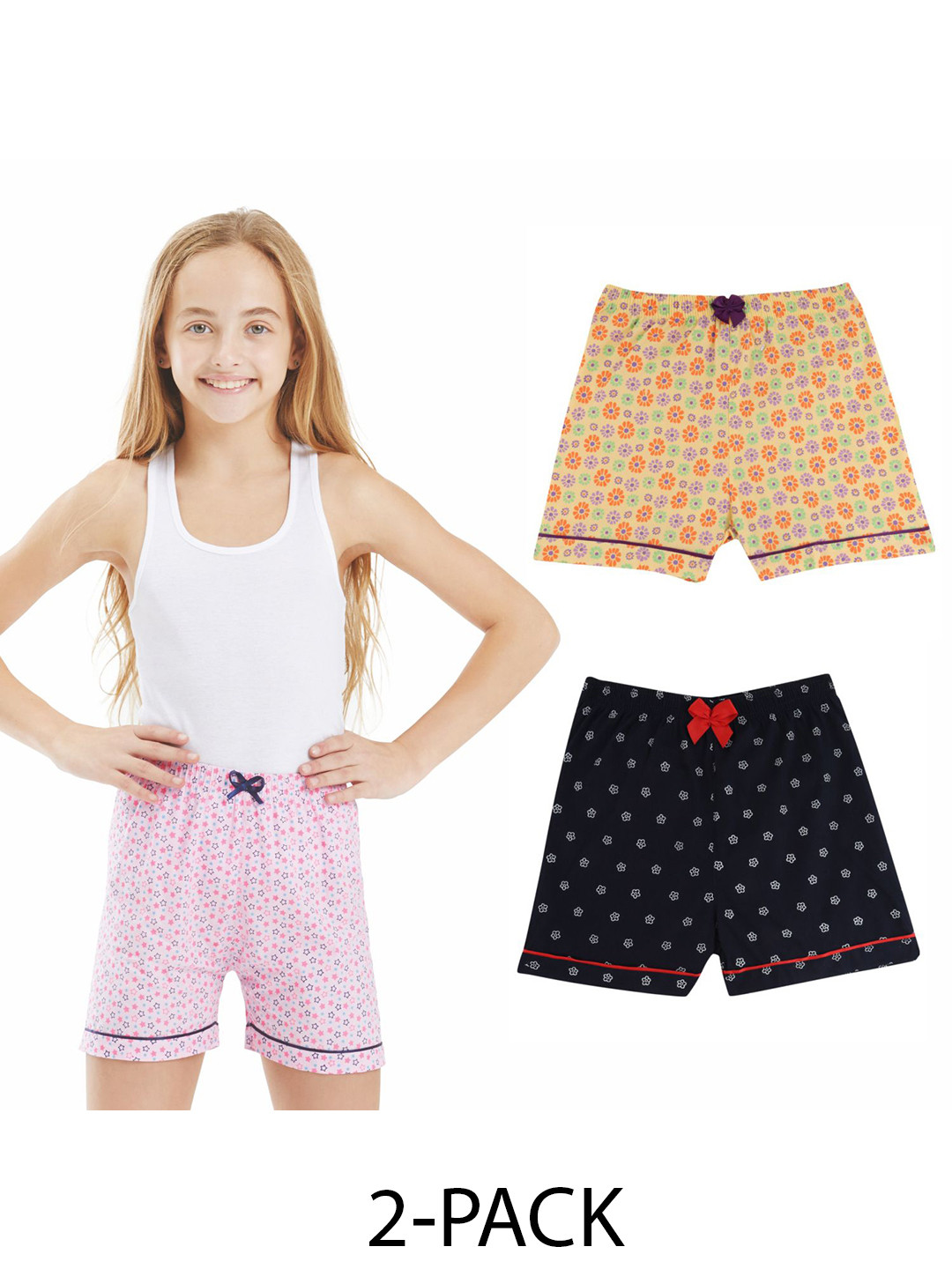 Bodycare Kids Girl's Shorts with Premium Cotton Lemon & Navy Pack of 2