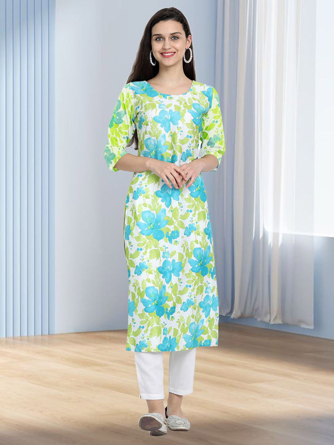 HERE&NOW Floral Printed Round Neck Straight Kurta