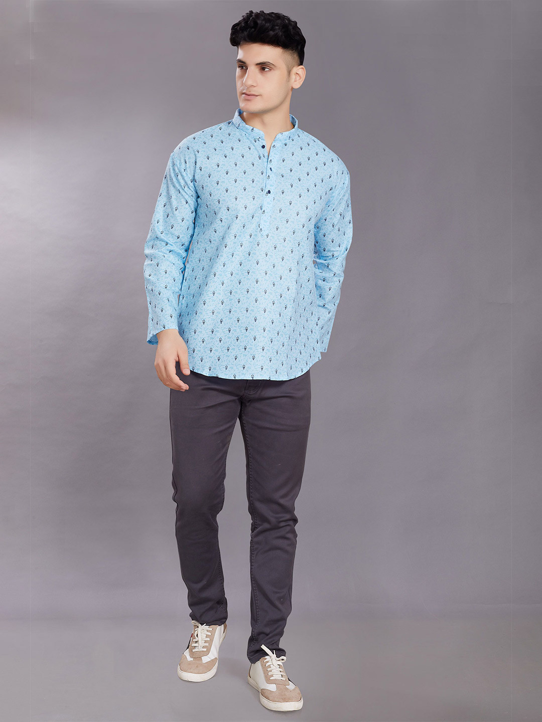 PulseIQ Ethnic Motifs Printed Mandarin Collar Pure Cotton Straight Kurta