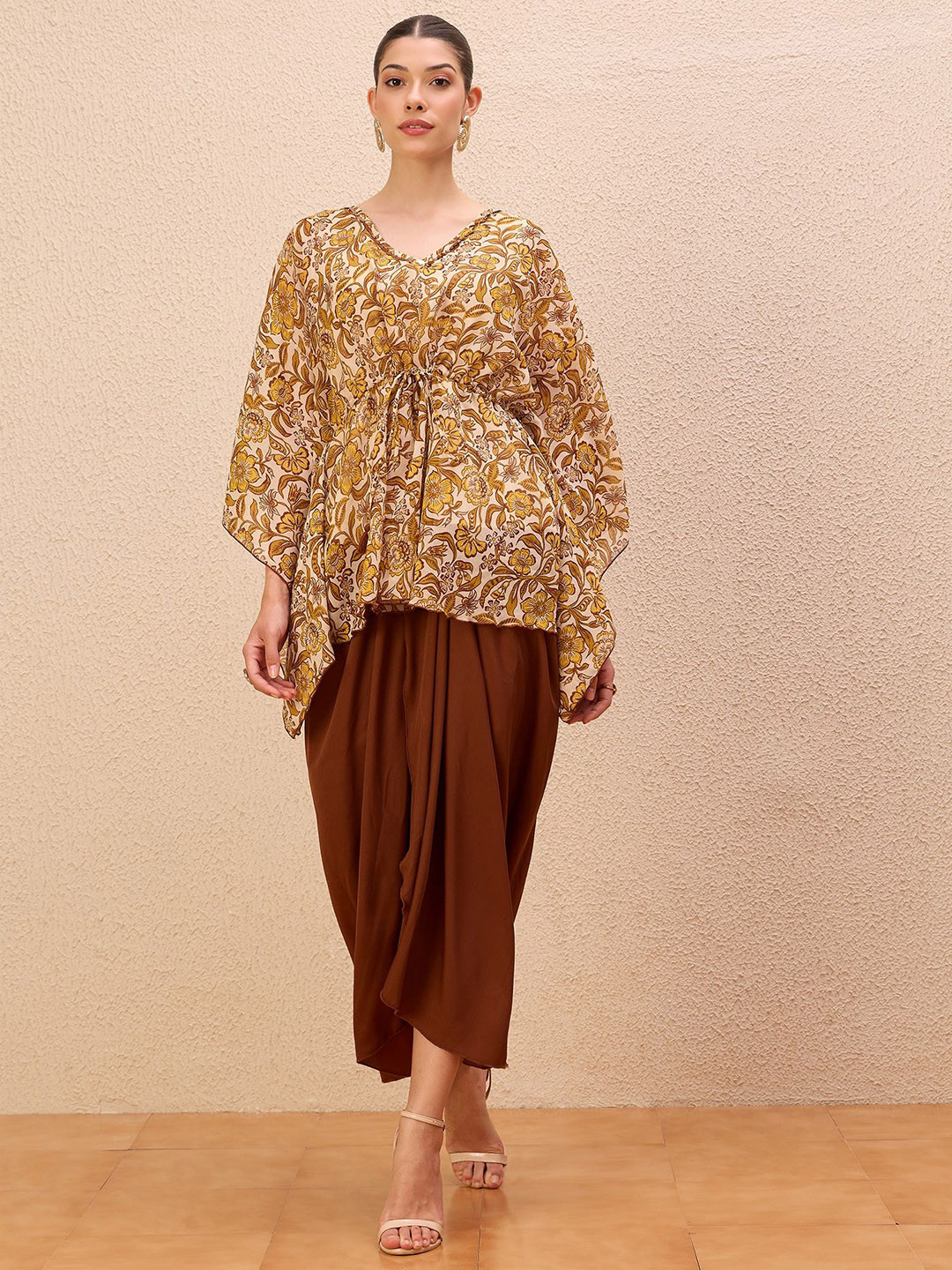 Antheaa Embellished Floral Printed V-Neck Kaftan Top With Drapped Maxi Skirt Co-Ords
