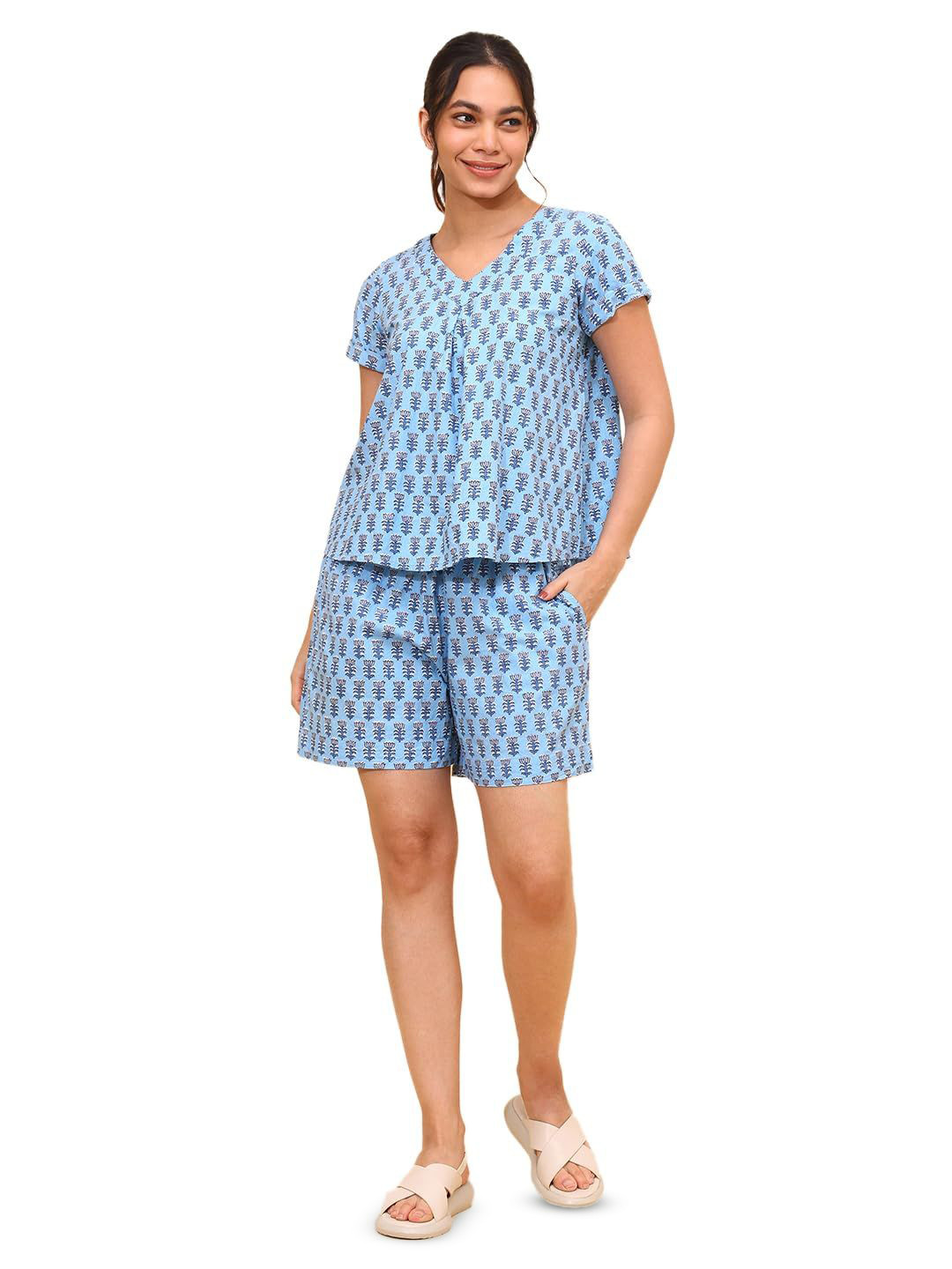 YELLOW BLOOM Pure Cotton Printed V-Neck Top & Shorts Co-Ords
