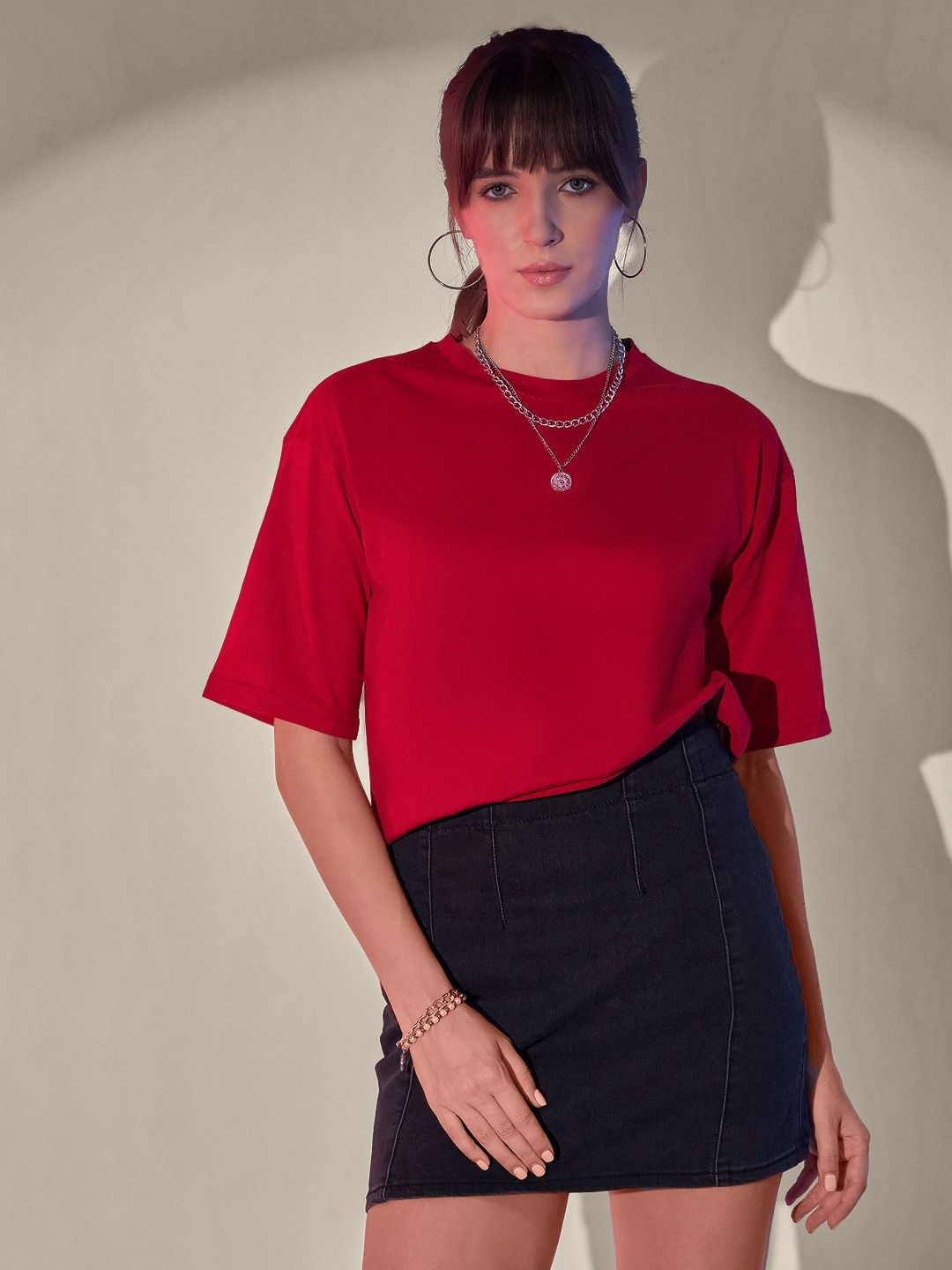 QIOA Round Neck Drop-Shoulder Sleeves Cotton Boxy Crop T-shirt