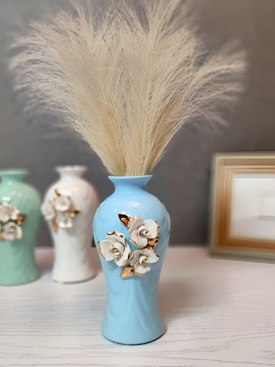 Kreative Arts Blue & Beige Glossy Ceramic Flower Vase With Triple Motif