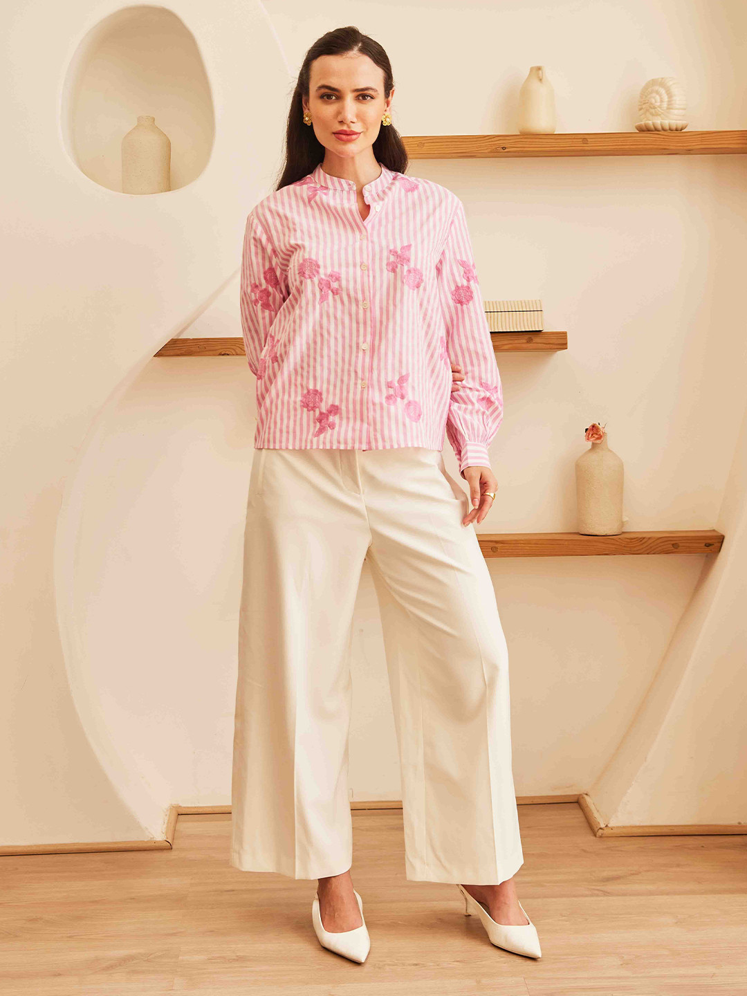 House of Sal Women Candy Stripes Emboridered Mandairan Coller Cuffed Sleeves Top