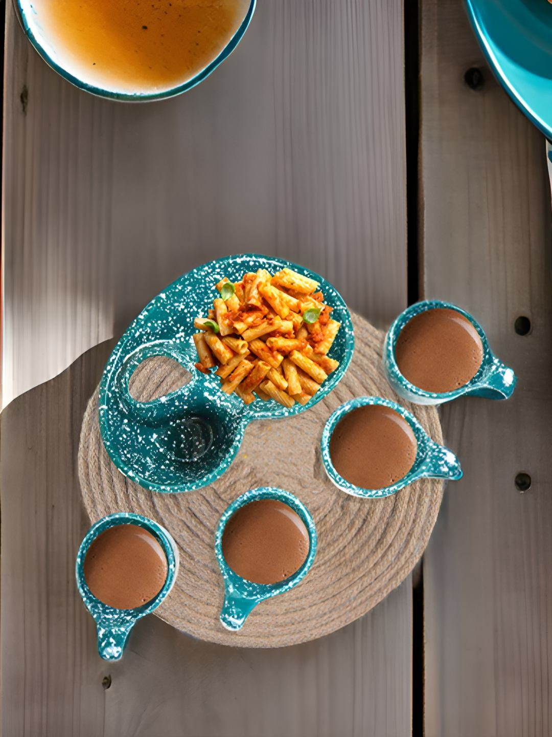 Kraftlik Handicraft Irish Green Textured Ceramic Microwave Safe 4 Piece Cup with Snacking Tray-100ml