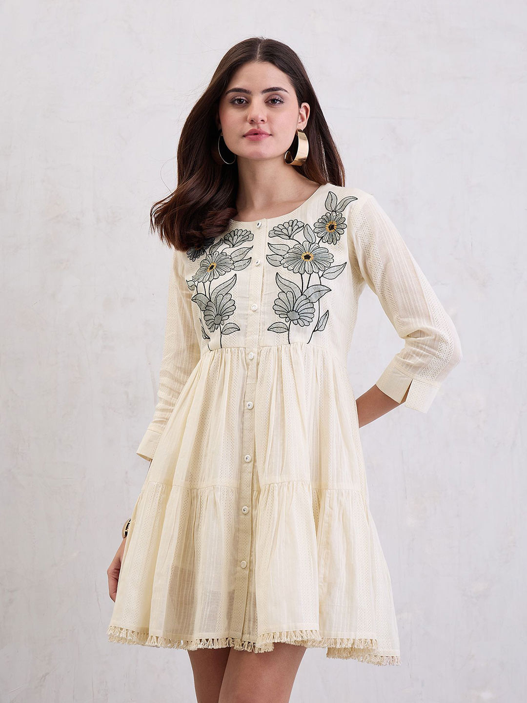CHETI COTTON DOBBY TEXTURED DRESS EMBLISHED WITH MIRROR AND SEQUIENCED EMBROIDERED WORK